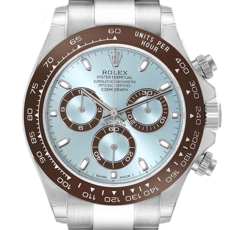 The Rolex Daytona watch is shown from a front angle, highlighting the dial, bezel, and pushers.