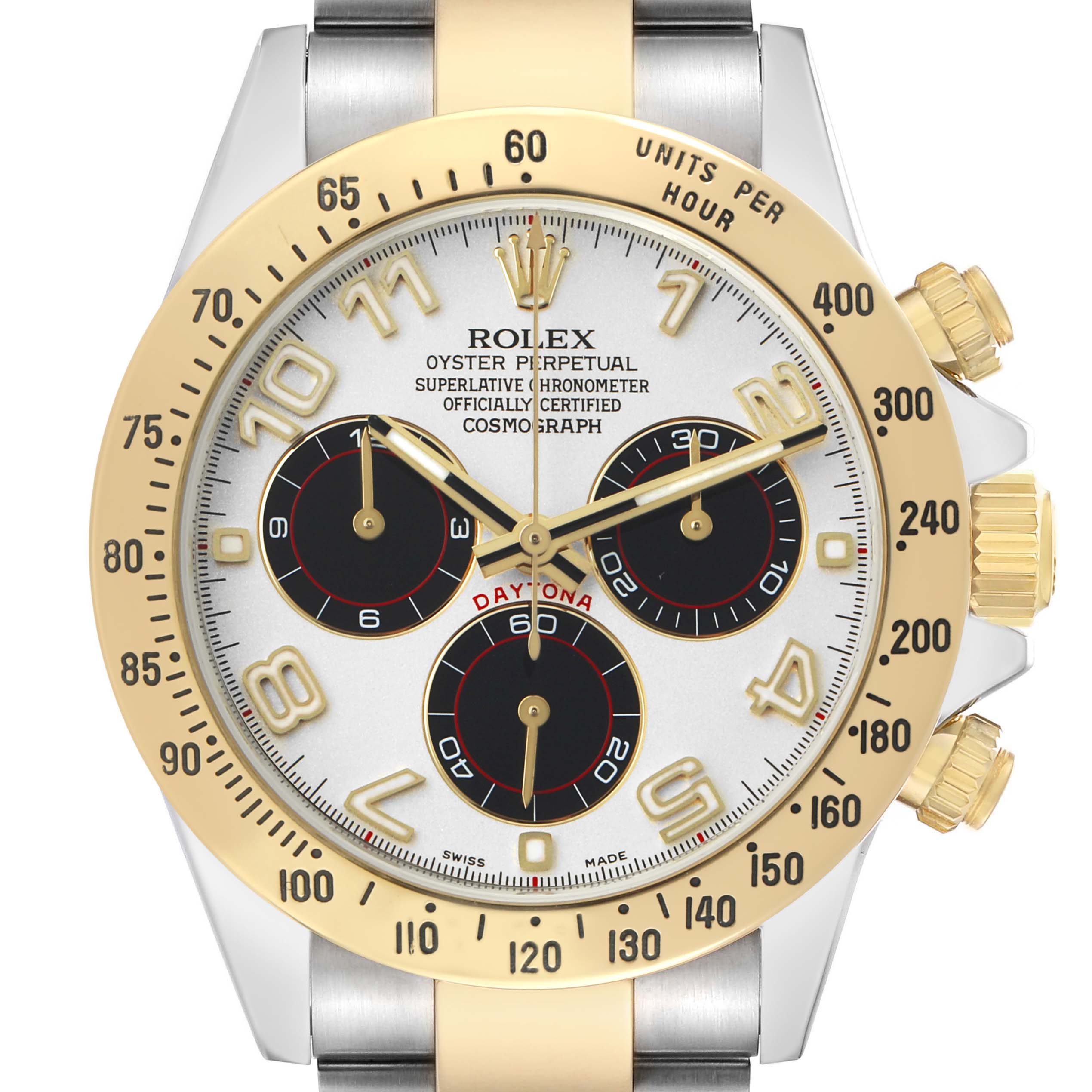 The Rolex Daytona 116523 Men's Steel and Gold (two tone) Silver Dial watch is shown from a front angle, highlighting its face, bezel, and pushers.