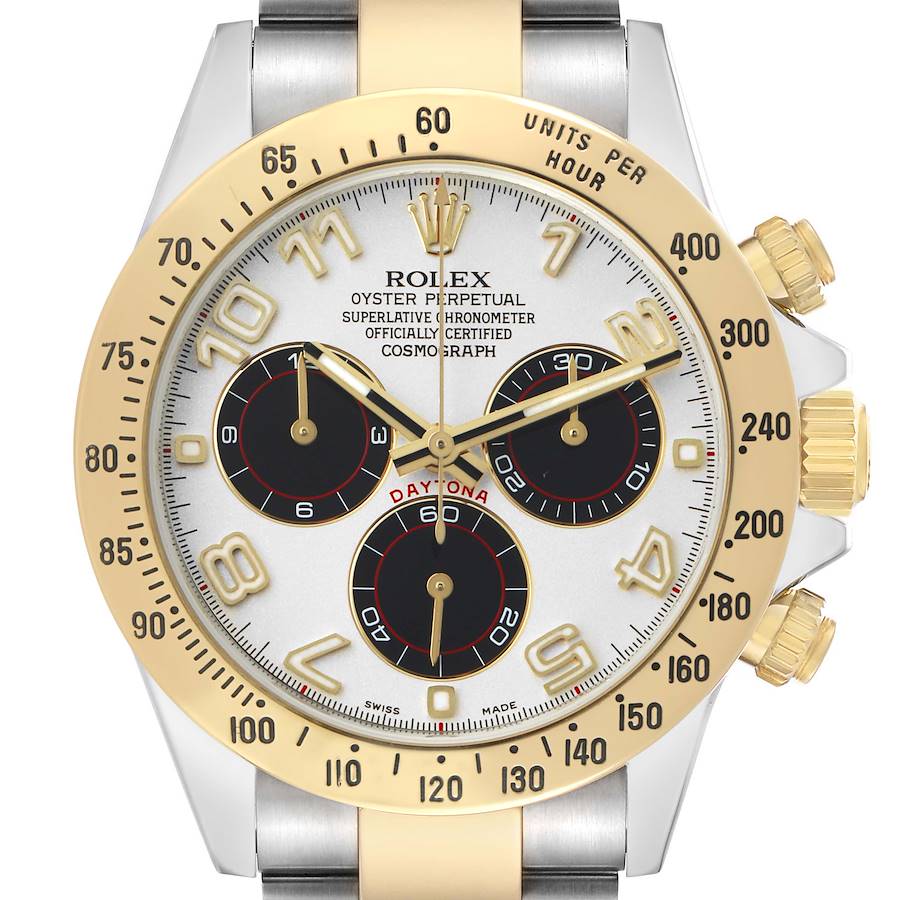 The Rolex Daytona 116523 Men's Steel and Gold (two tone) Silver Dial watch is shown from a front angle, highlighting its face, bezel, and pushers.