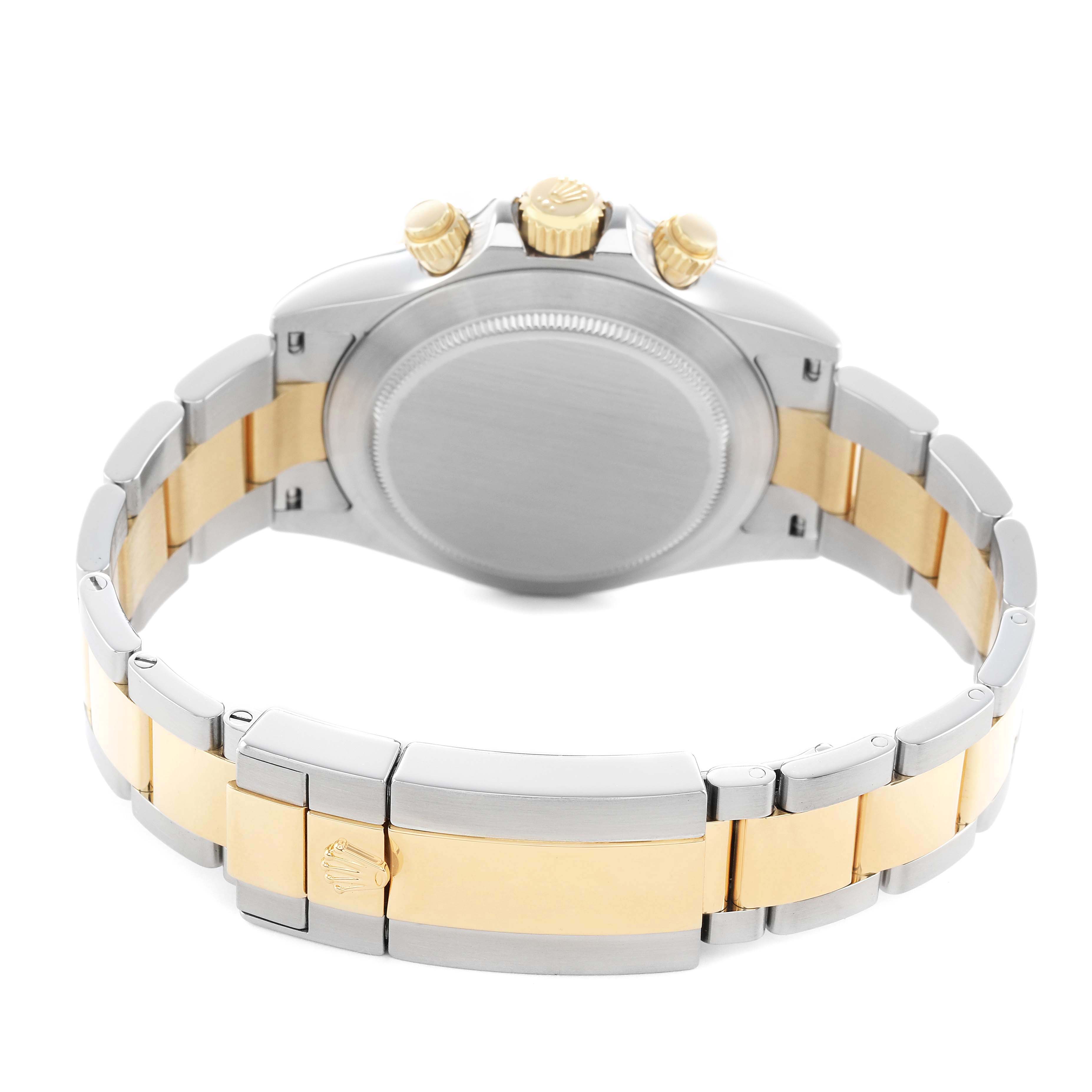 The image shows the back view of the Rolex Daytona 116523 Men's Steel and Gold (two tone) Silver Dial watch, highlighting the clasp and two-tone bracelet.