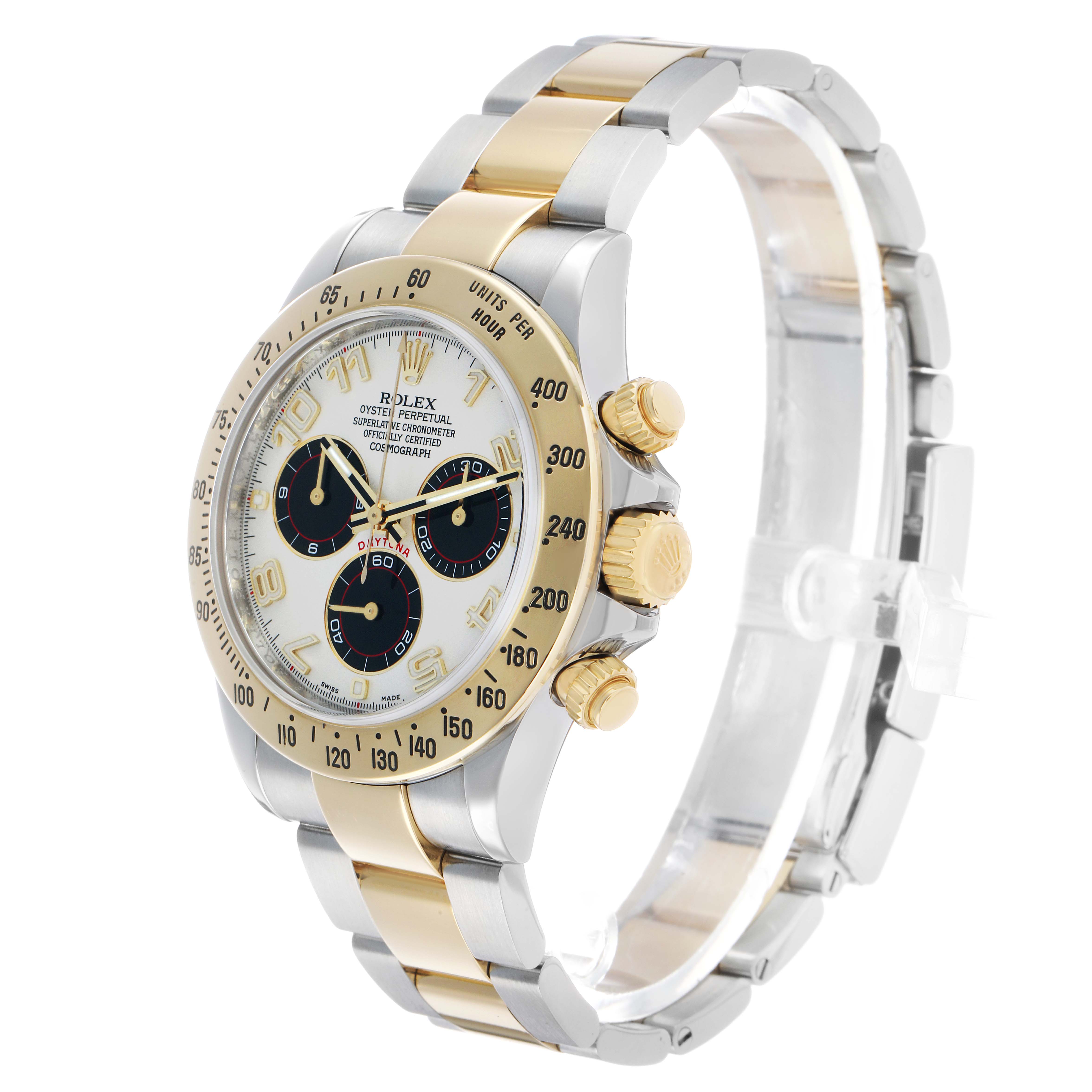 The Rolex Daytona 116523 Men's Steel and Gold (two tone) Silver Dial watch is shown at a three-quarter angle, highlighting the dial, bezel, crown, and part of the bracelet.