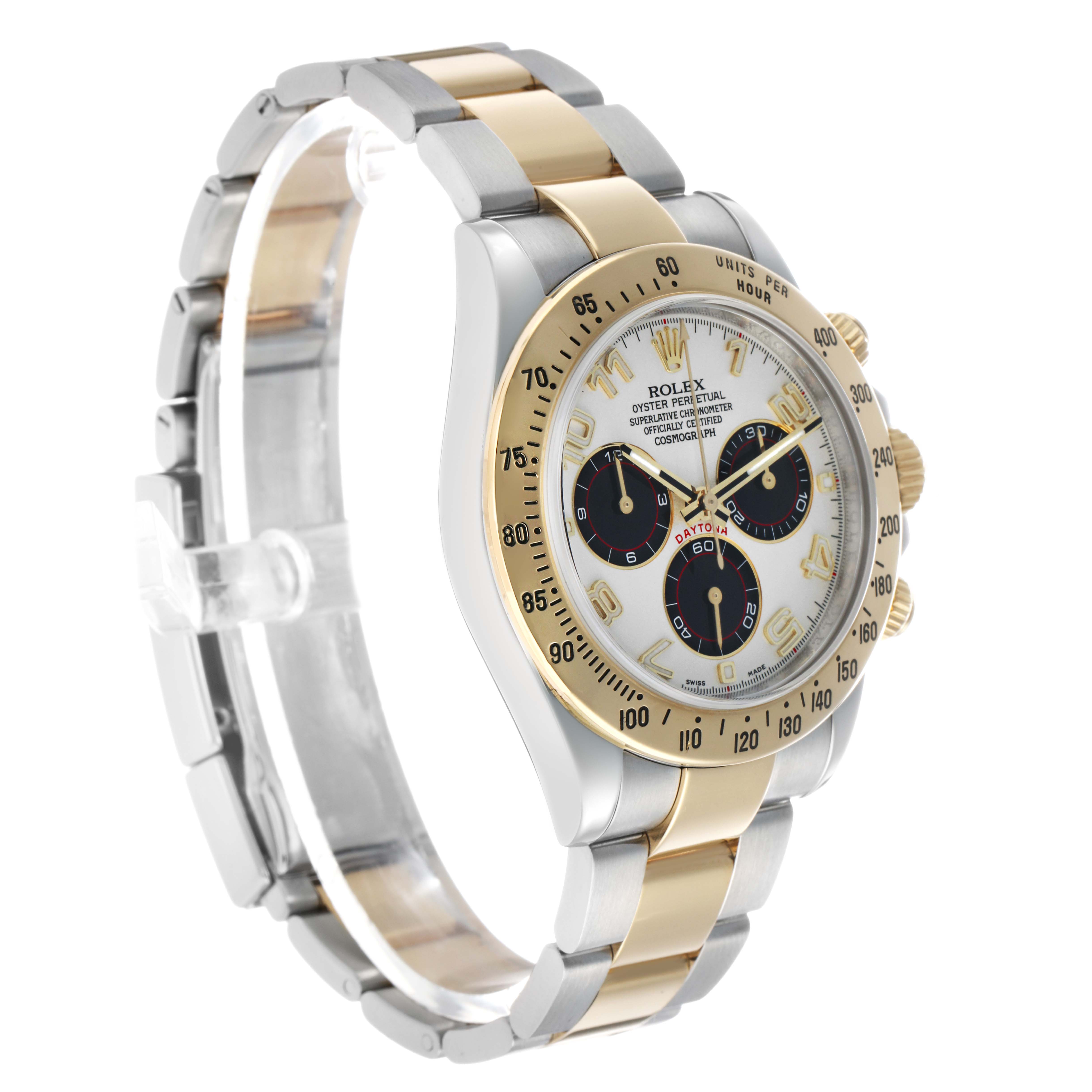 The Rolex Daytona 116523 Men's Steel and Gold (two tone) Silver Dial watch is shown at a three-quarter angle, highlighting the bezel, bracelet, and chronograph subdials.
