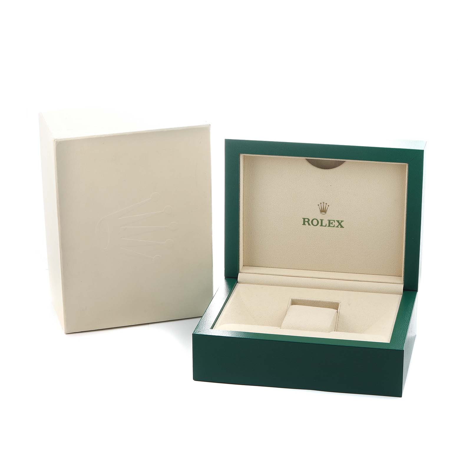 The image shows an empty Rolex Daytona 116523 Men's Steel and Gold (two tone) Silver Dial watch box and its outer box, both viewed from the front.