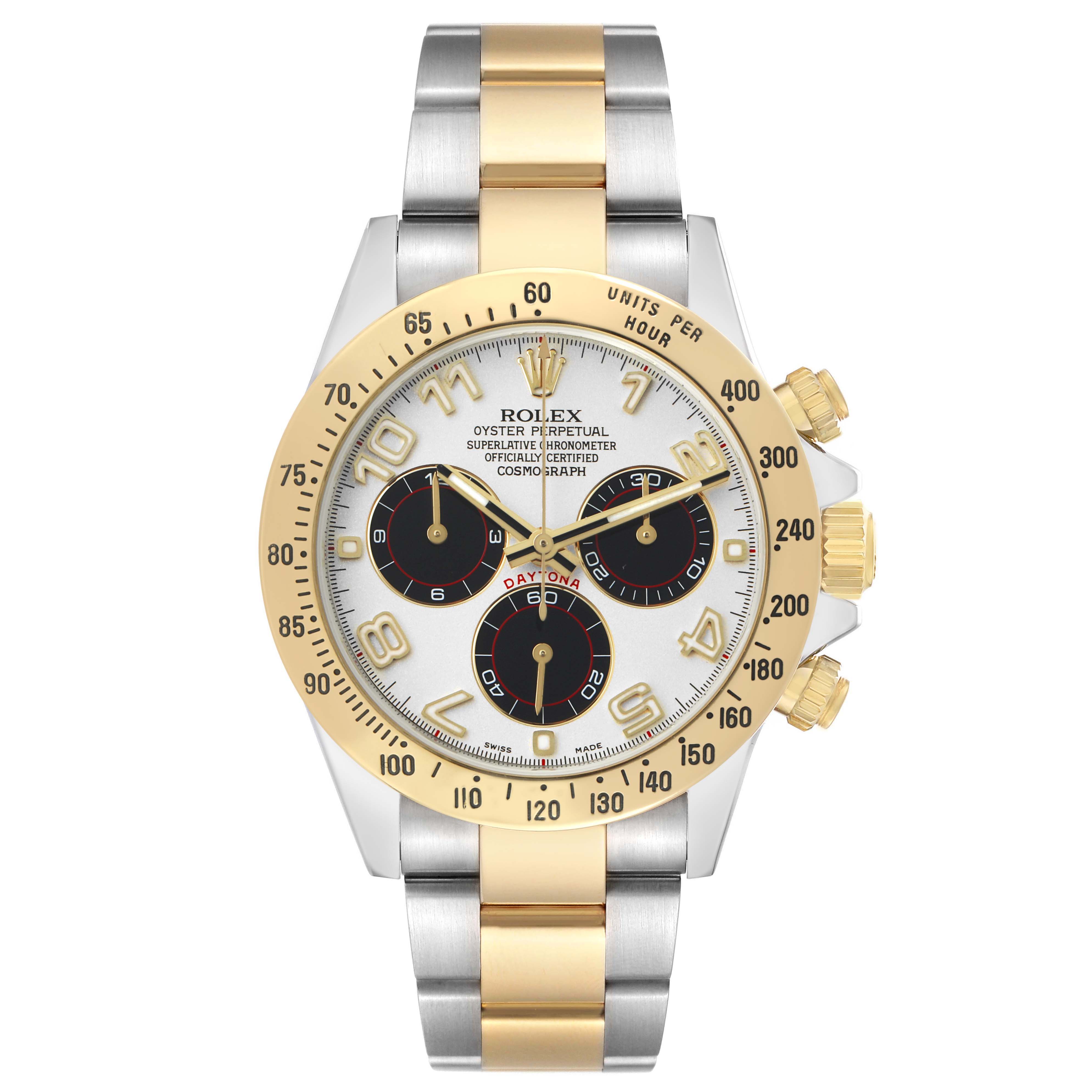 The Rolex Daytona 116523 Men's Steel and Gold (two tone) Silver Dial watch is shown from the front, displaying the dial, bezel, subdials, crown, and bracelet.