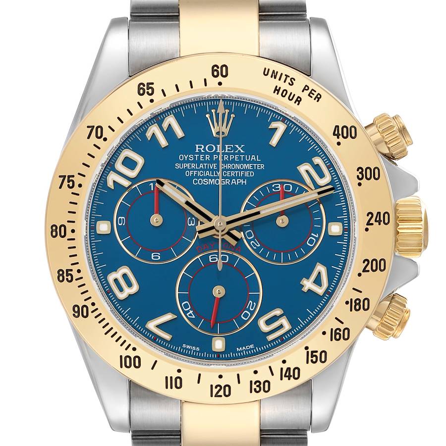 The Rolex Daytona 116523 Men's Steel and Gold (two tone) Blue Dial watch is shown from the front, highlighting its blue dial, gold bezel, and chronograph subdials.