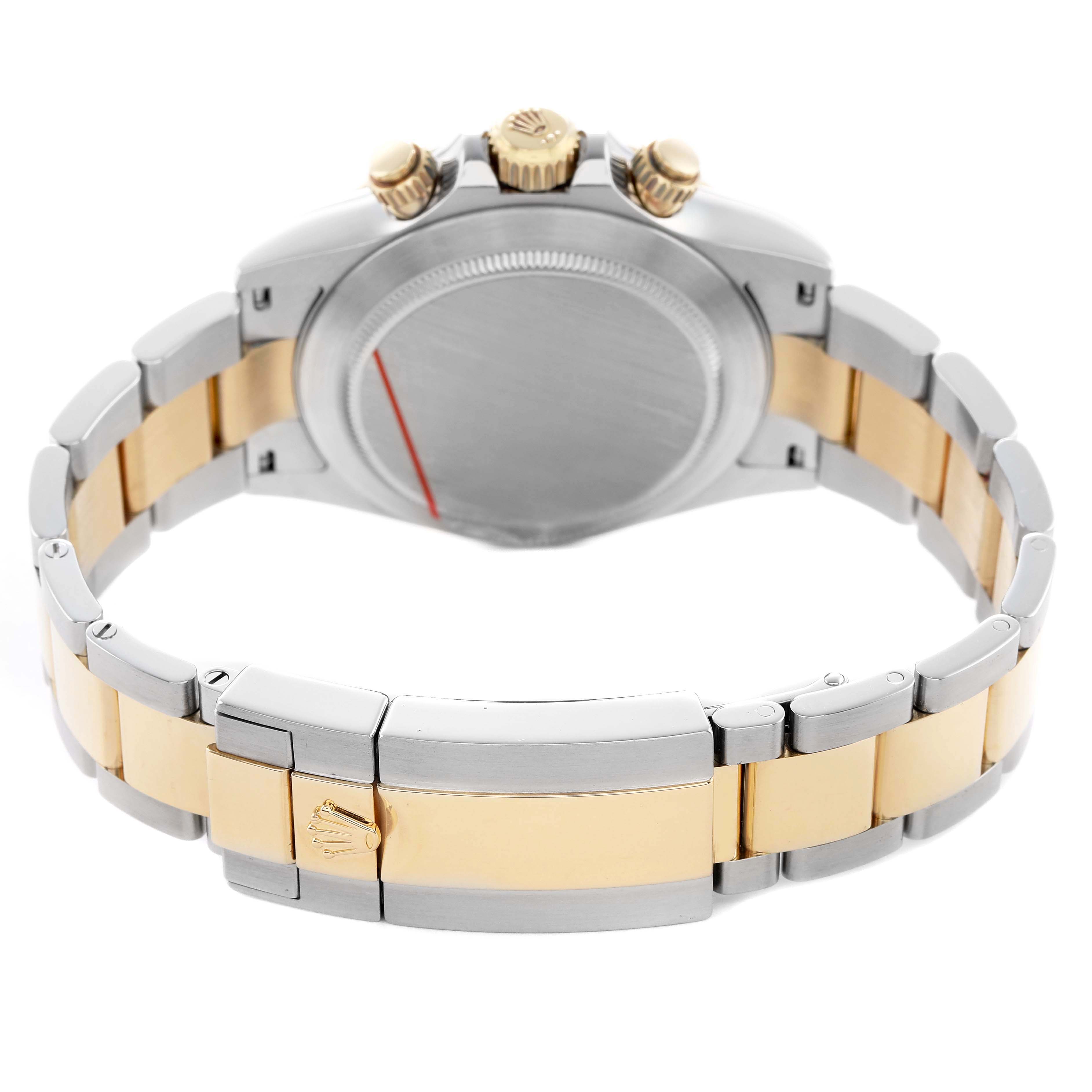 The image shows the back view of a Rolex Daytona 116523 Men's Steel and Gold (two tone) Blue Dial watch, highlighting the case back, crown, and two-tone metal bracelet.