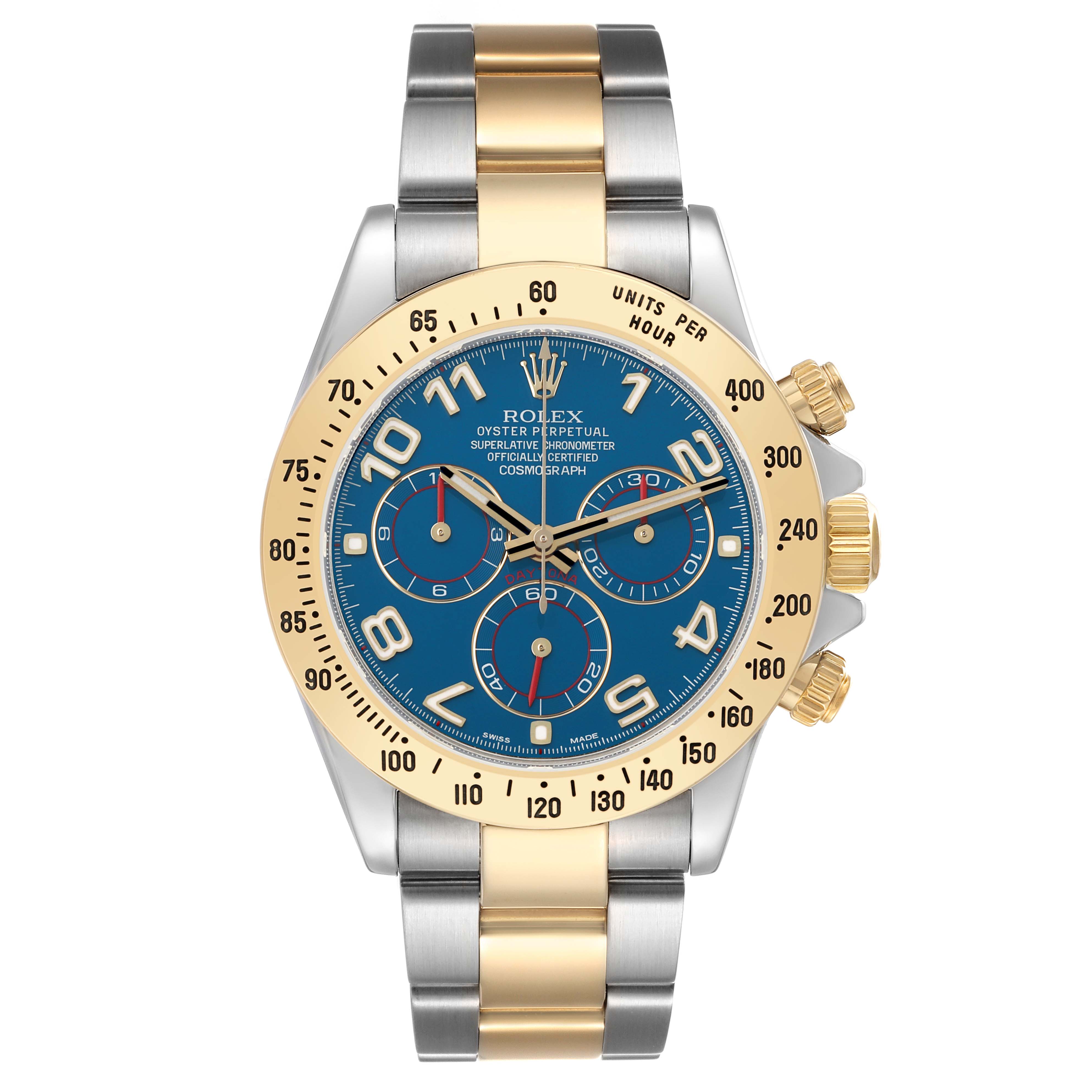 The Rolex Daytona 116523 Men's Steel and Gold (two tone) Blue Dial watch is shown straight-on, showcasing the dial, bezel, and two-tone bracelet.