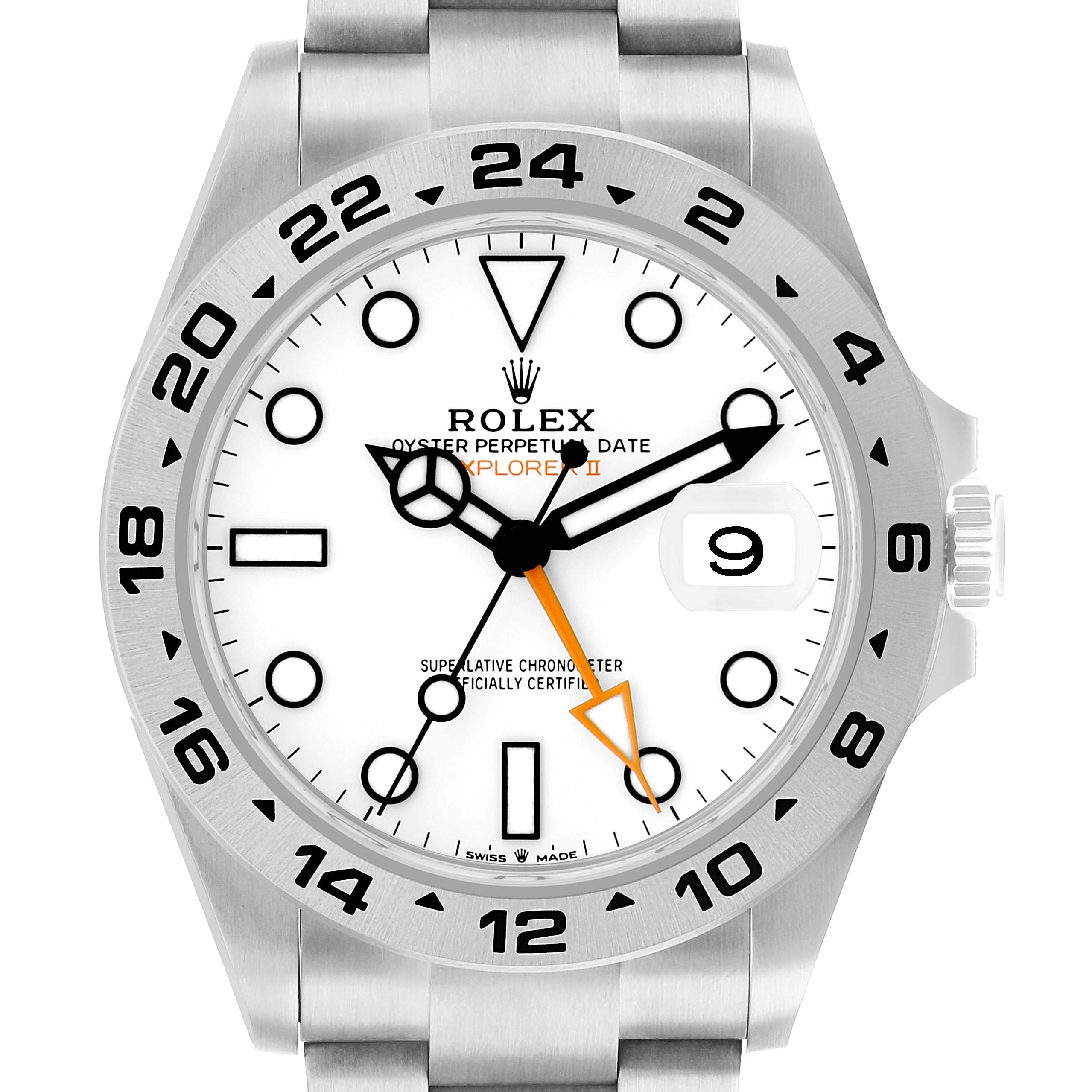 The Rolex Explorer 226570 Men's Stainless Steel White Dial watch is shown from a top view, displaying the bezel, dial, hands, and bracelet.