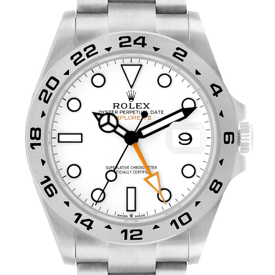 The Rolex Explorer 226570 Men's Stainless Steel White Dial watch is shown from a top view, displaying the bezel, dial, hands, and bracelet.