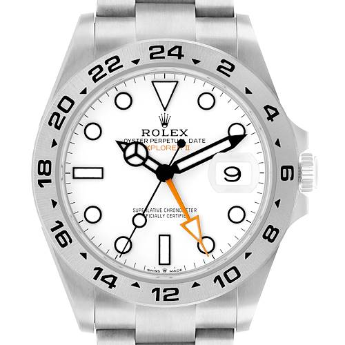 The Rolex Explorer 226570 Men's Stainless Steel White Dial watch is shown from a front angle, displaying the dial, hands, bezel, and part of the bracelet.
