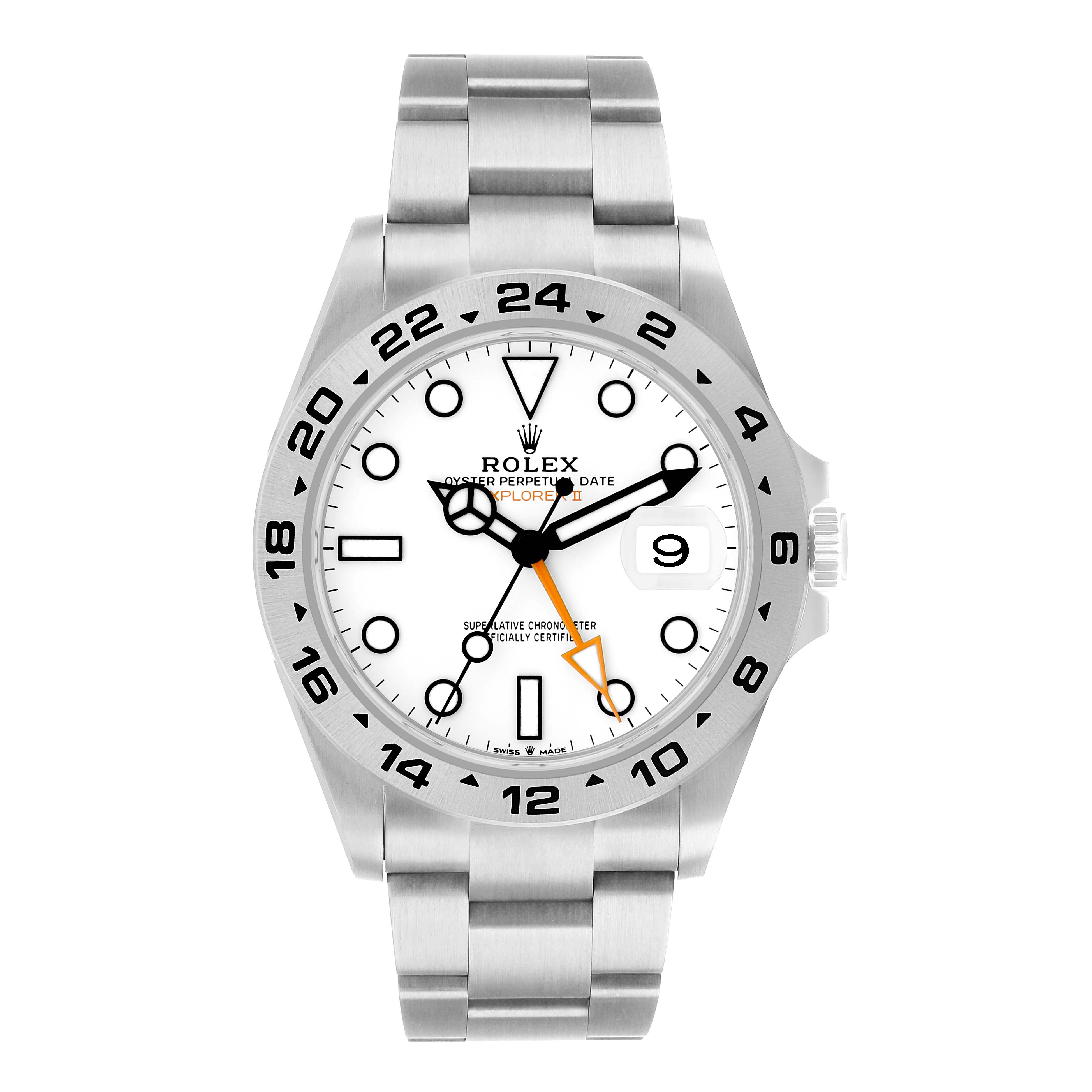 The Rolex Explorer 226570 Men's Stainless Steel White Dial watch is shown from the front, displaying the face, bezel, hour markers, and bracelet fully.