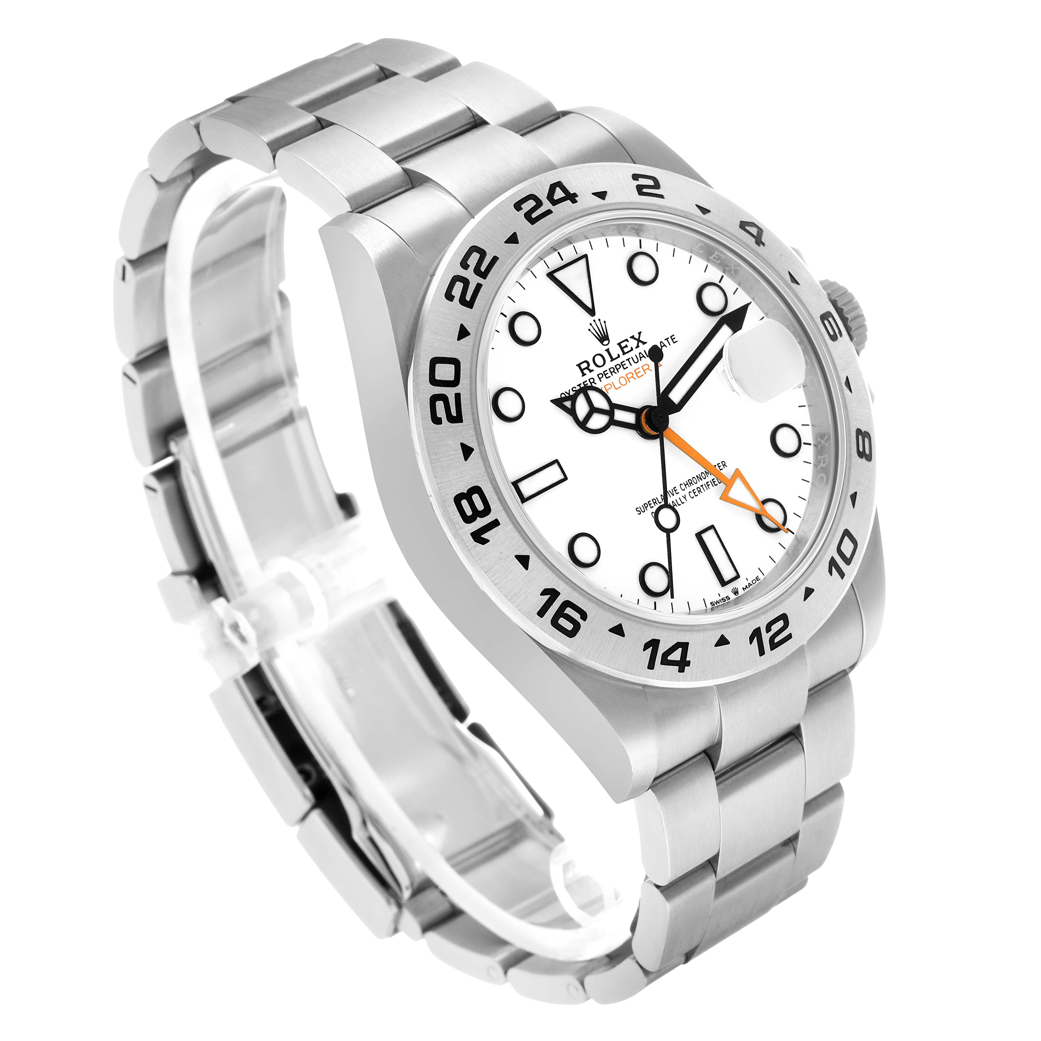 The Rolex Explorer 226570 Men's Stainless Steel White Dial watch is shown at a three-quarter angle, displaying its face, bracelet, and bezel.