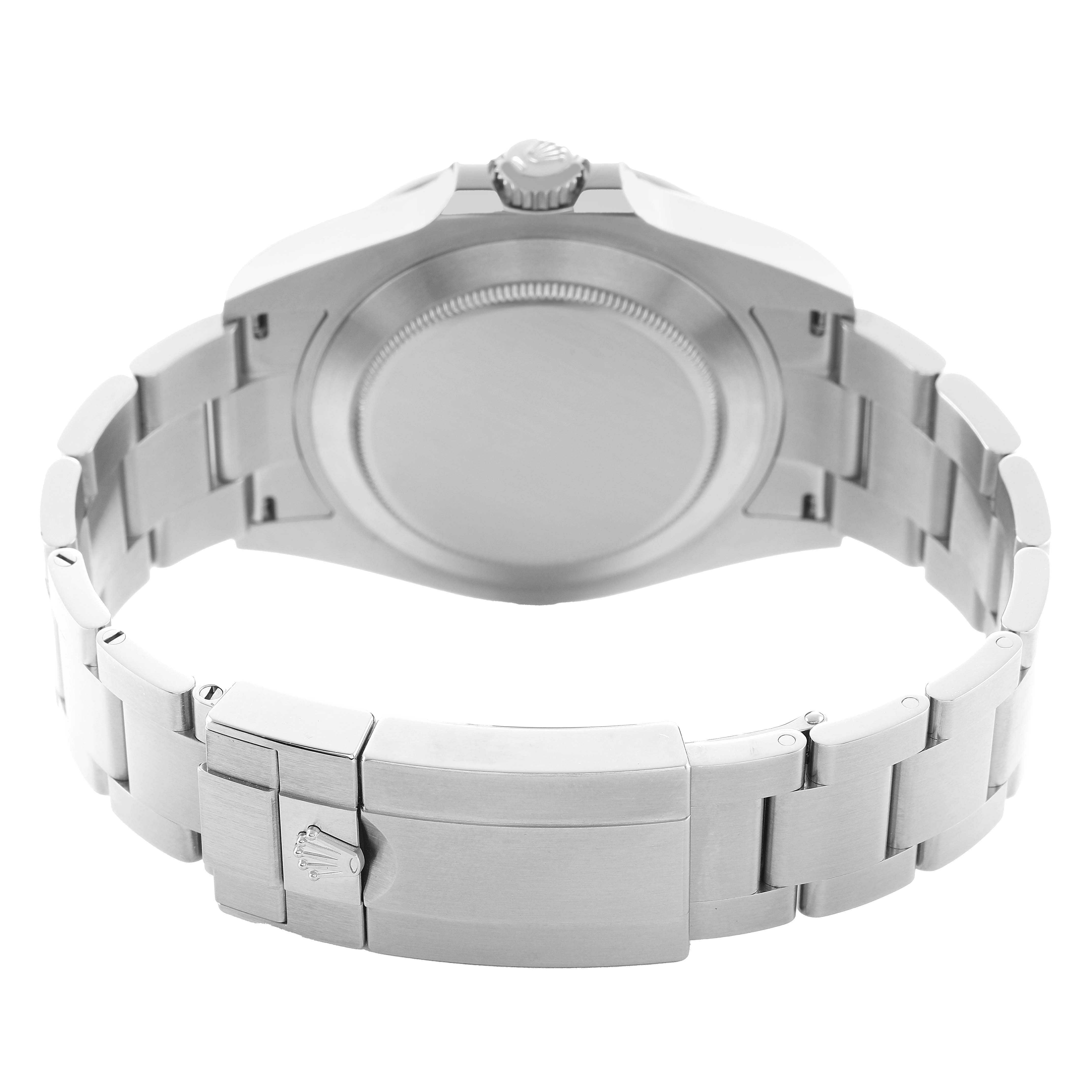 The image shows the back view of a Rolex Explorer 226570 Men's Stainless Steel White Dial watch, highlighting the case back, crown, and bracelet clasp.