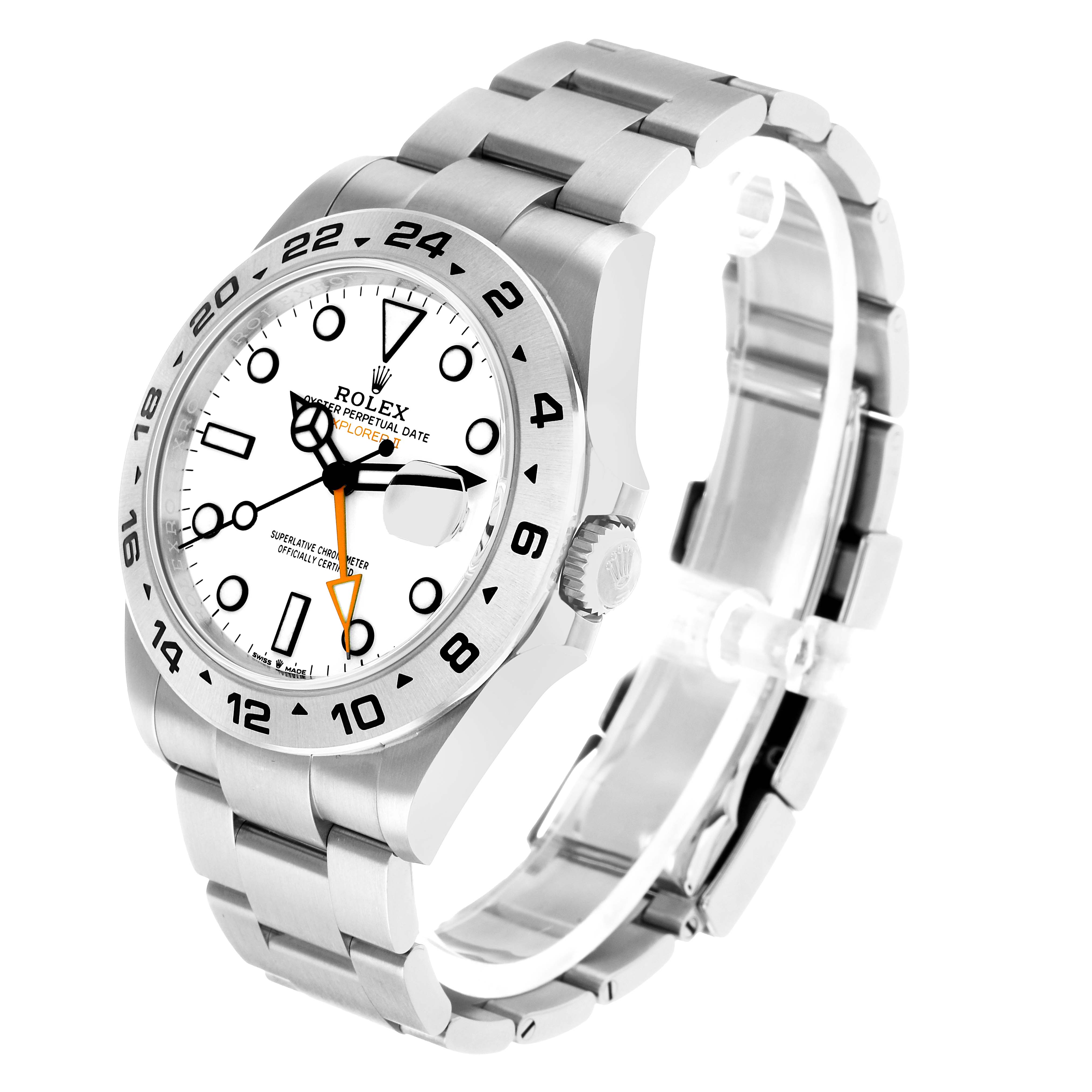 The Rolex Explorer 226570 Men's Stainless Steel White Dial watch is shown at a three-quarter angle, highlighting the face, bezel, side crown, and bracelet.