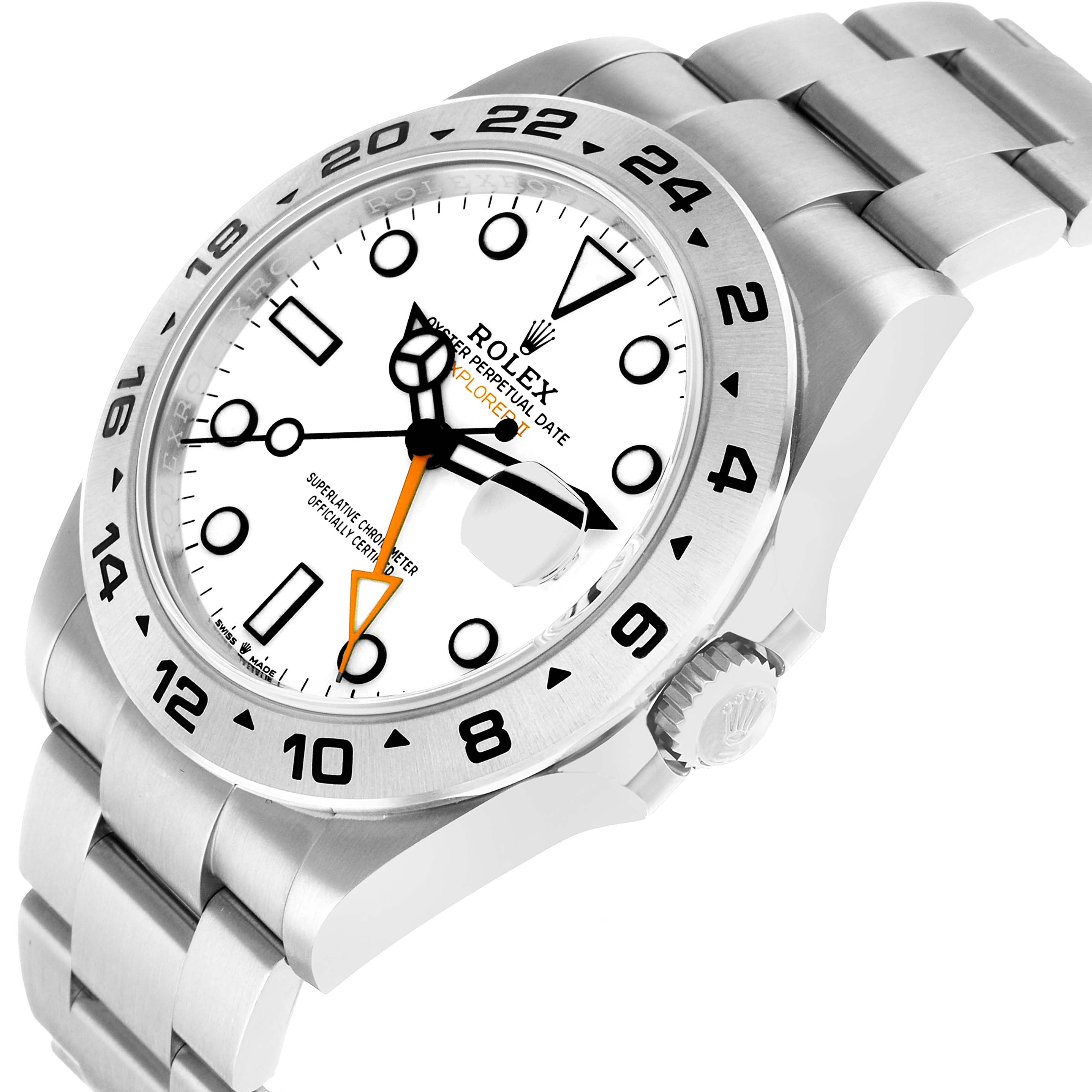 The Rolex Explorer 226570 Men's Stainless Steel White Dial watch is shown at an angled view, featuring the dial, bezel, crown, and part of the bracelet.