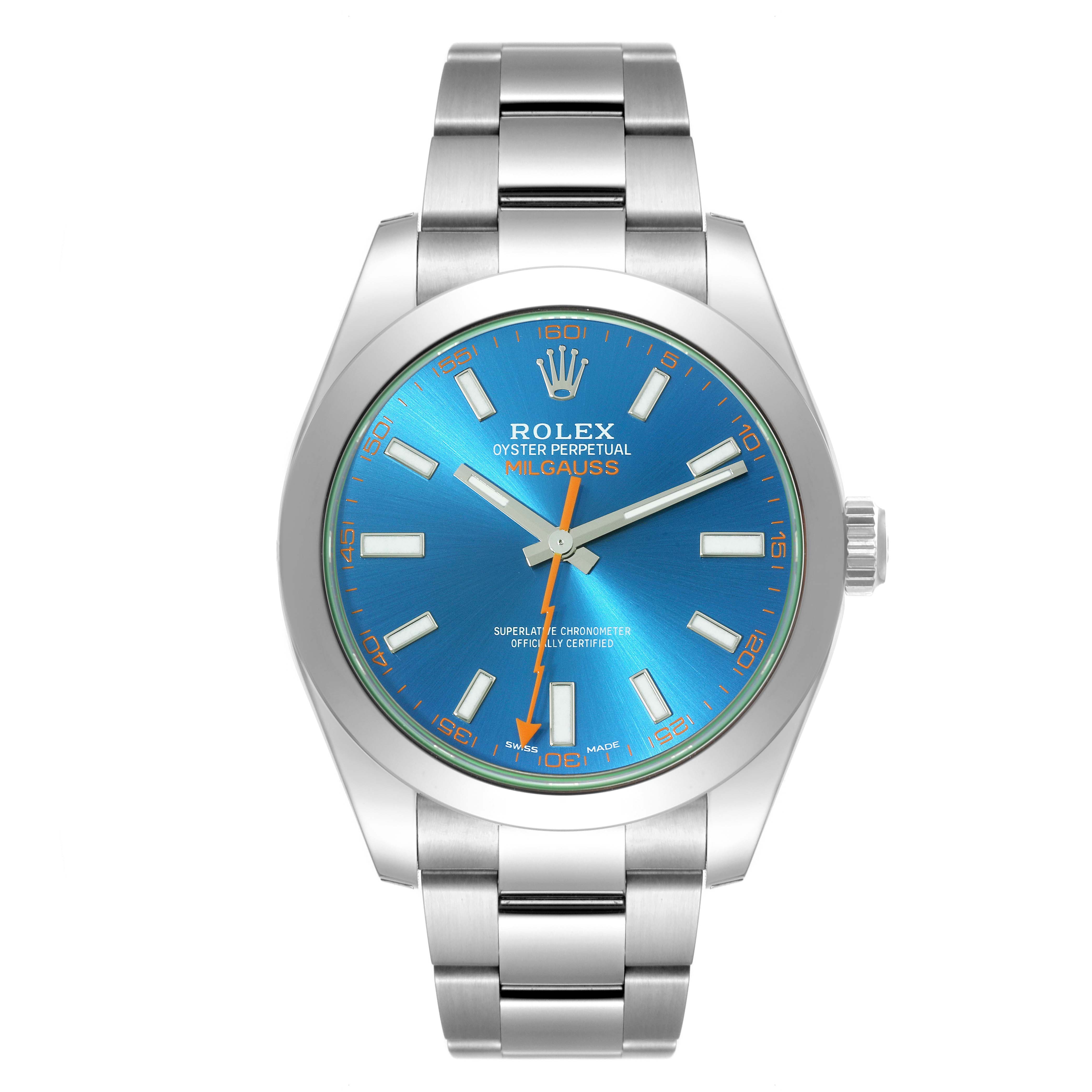 The image shows a frontal view of a Rolex Milgauss 116400GV Men's Stainless Steel Blue Dial 116400GV Men's Stainless Steel Blue Dial watch with a blue dial, stainless steel bracelet, and orange accents.