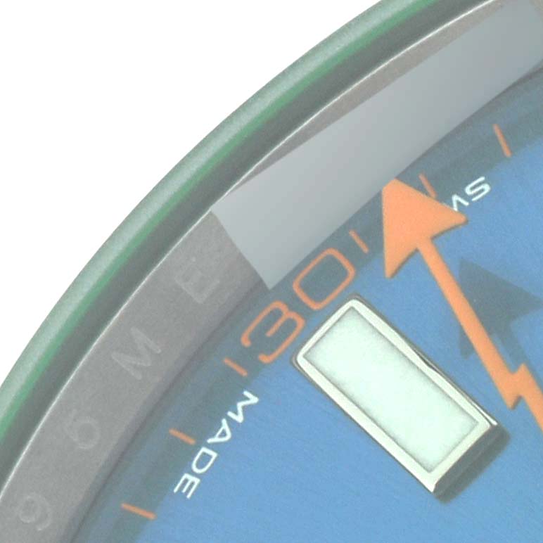 The image shows a close-up of the dial and hour markers, focusing on the 30-minute mark of a Rolex Milgauss 116400GV Men's Stainless Steel Blue Dial 116400GV Men's Stainless Steel Blue Dial watch.