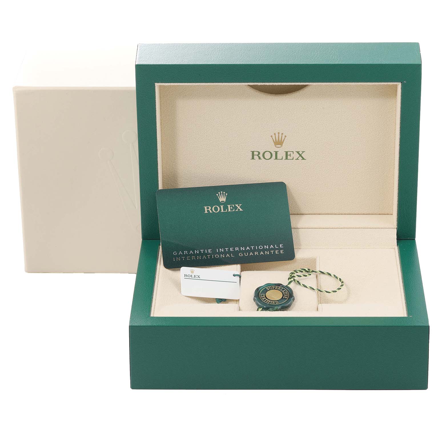 The image shows the packaging and accessories of a Rolex Milgauss 116400GV Men's Stainless Steel Blue Dial 116400GV Men's Stainless Steel Blue Dial, including the box, warranty card, and tags.