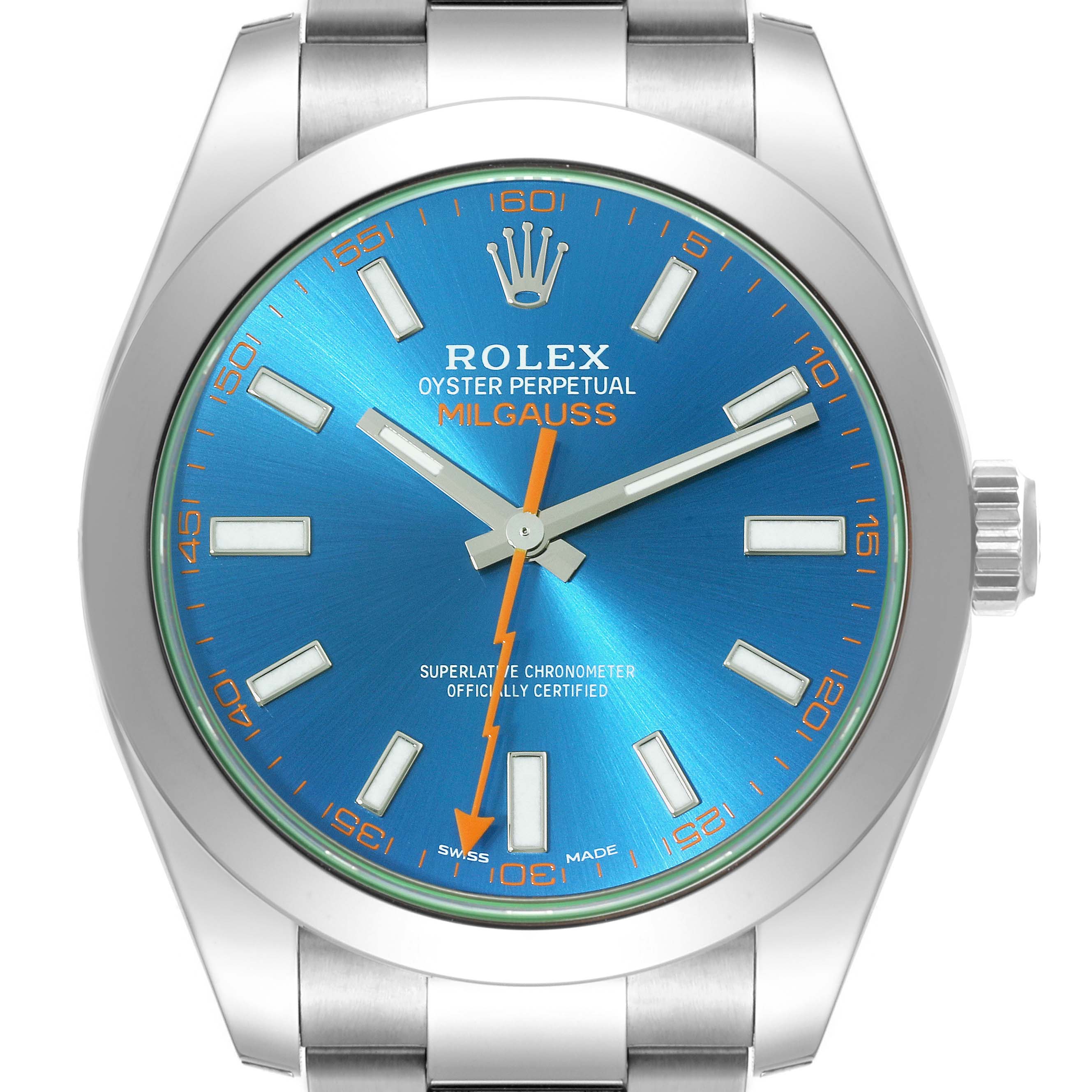 Front view of the Rolex Milgauss 116400GV Men's Stainless Steel Blue Dial 116400GV Men's Stainless Steel Blue Dial watch showcasing its dial, hands, and part of the bracelet.