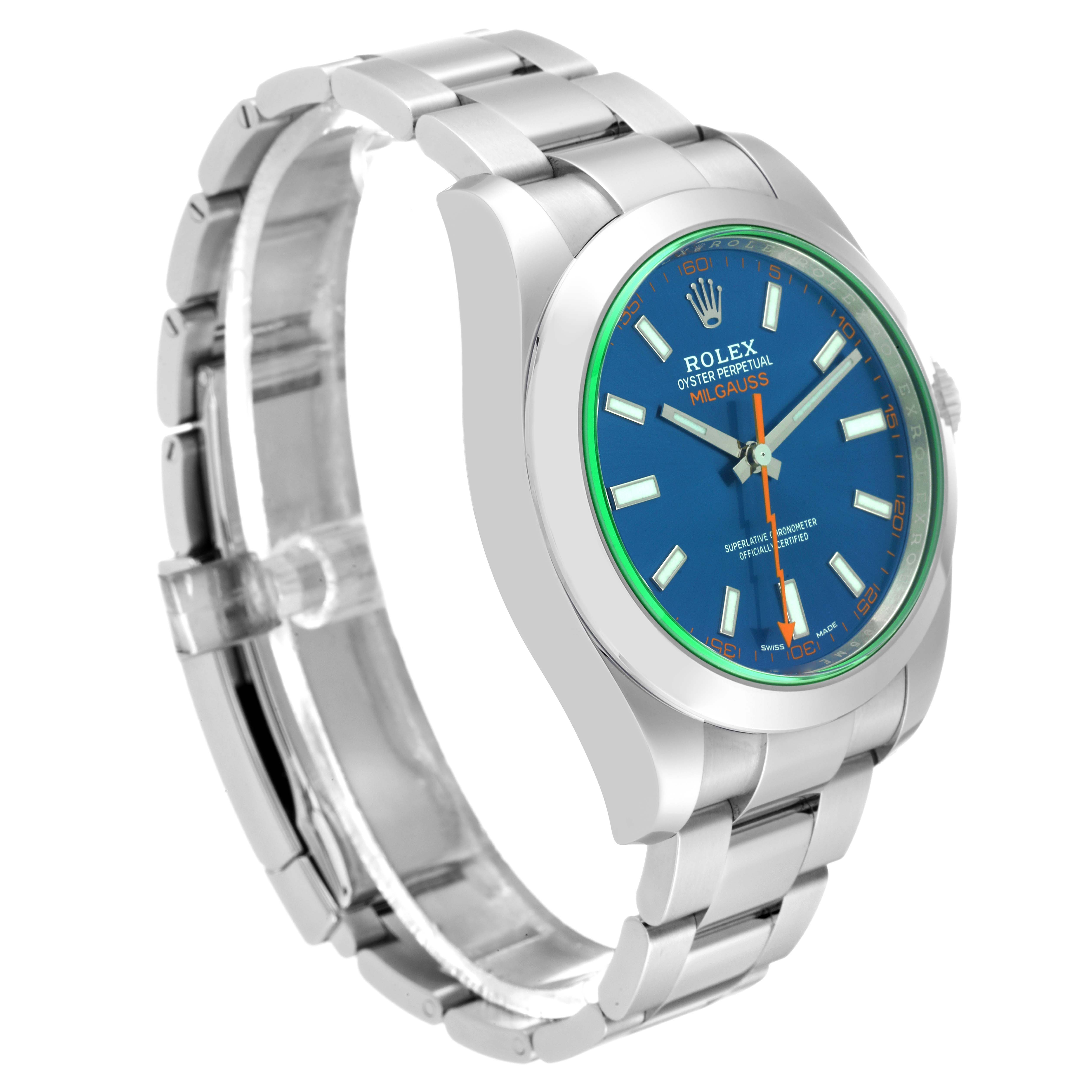 The Rolex Milgauss 116400GV Men's Stainless Steel Blue Dial 116400GV Men's Stainless Steel Blue Dial watch is shown at a three-quarter angle, highlighting the dial, bezel, casing, and bracelet.