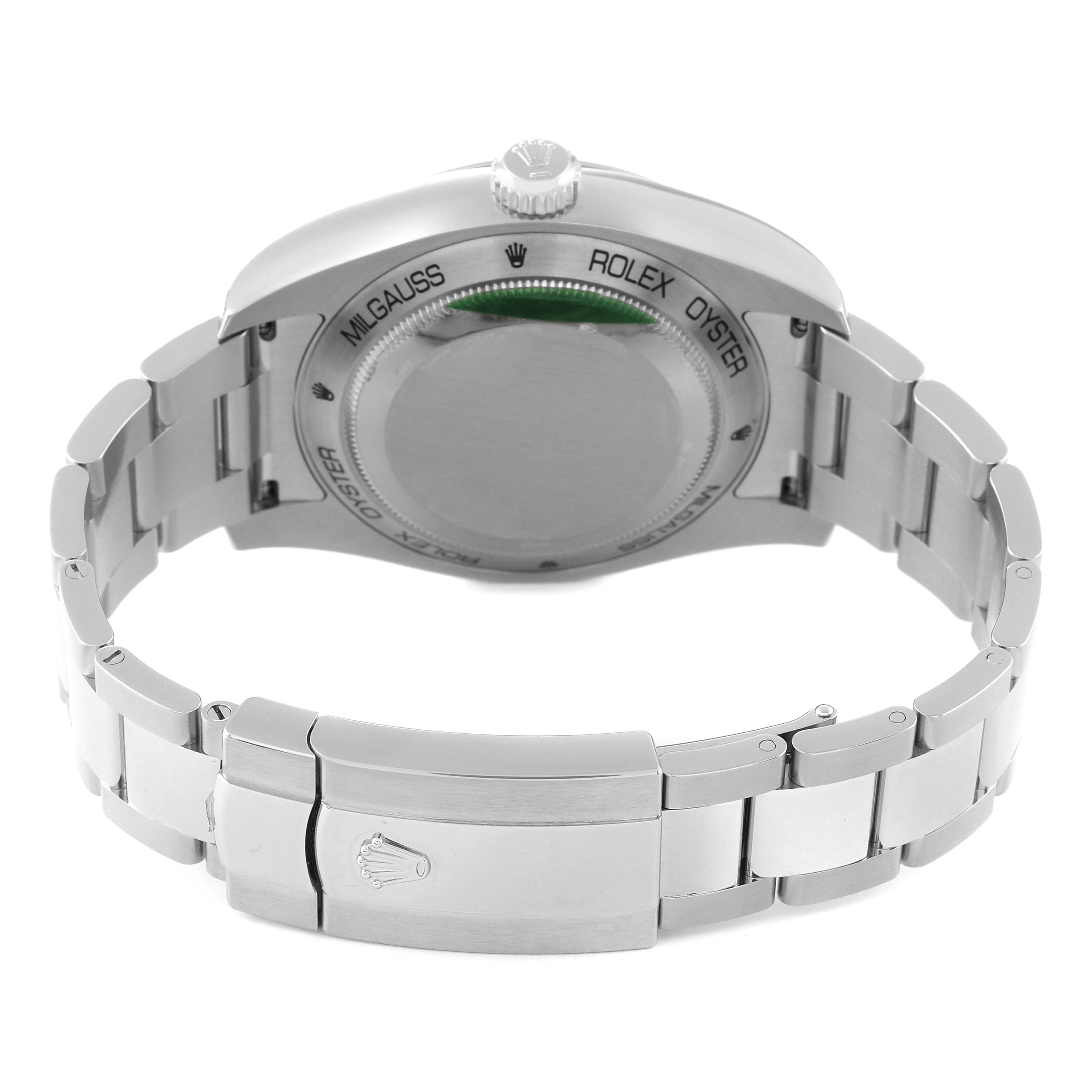 The image shows the back view of a Rolex Milgauss 116400GV Men's Stainless Steel Blue Dial 116400GV Men's Stainless Steel Blue Dial watch, highlighting its case back and metal bracelet.