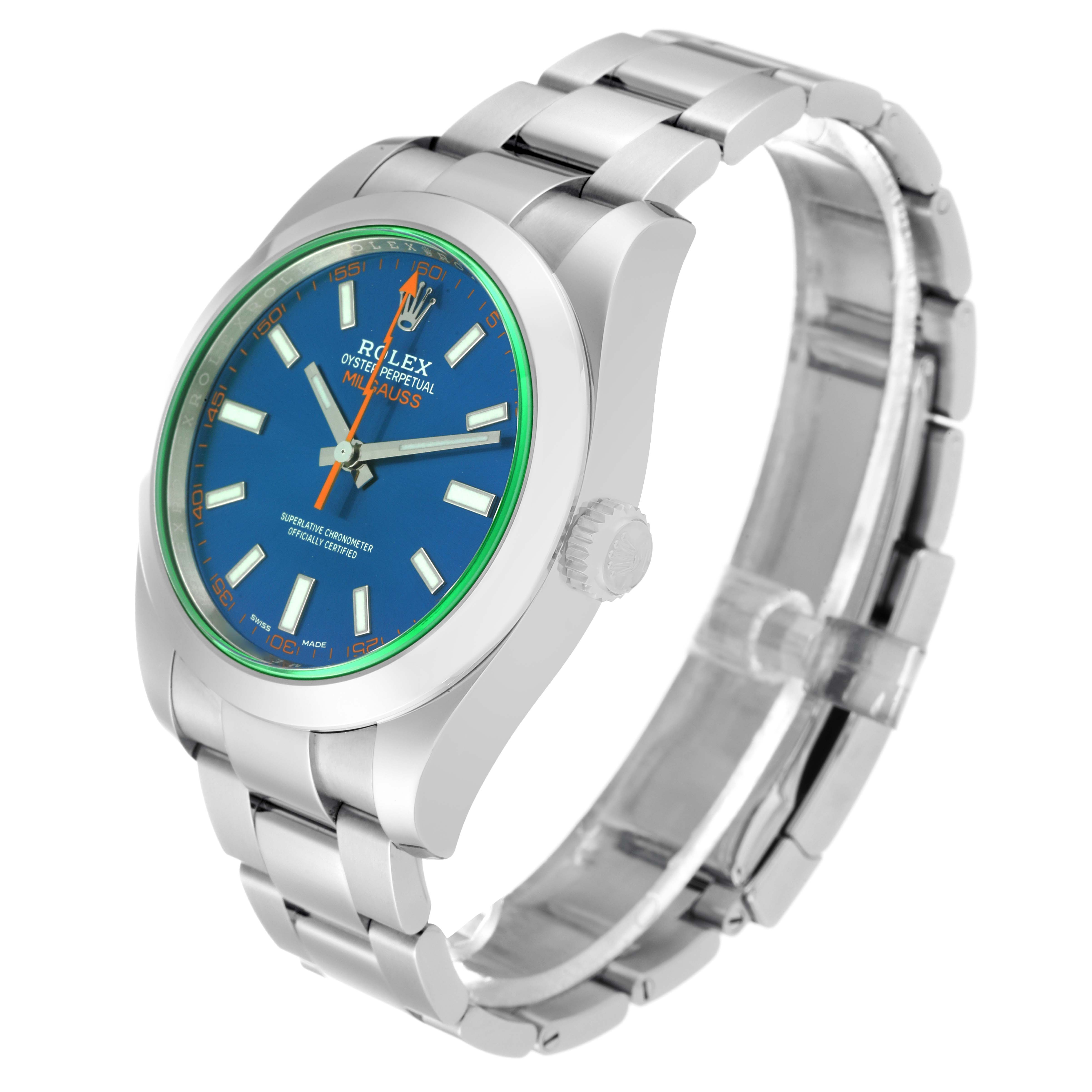 The image shows a Rolex Milgauss 116400GV Men's Stainless Steel Blue Dial 116400GV Men's Stainless Steel Blue Dial watch angled to display the face, crown, and part of the stainless steel bracelet.