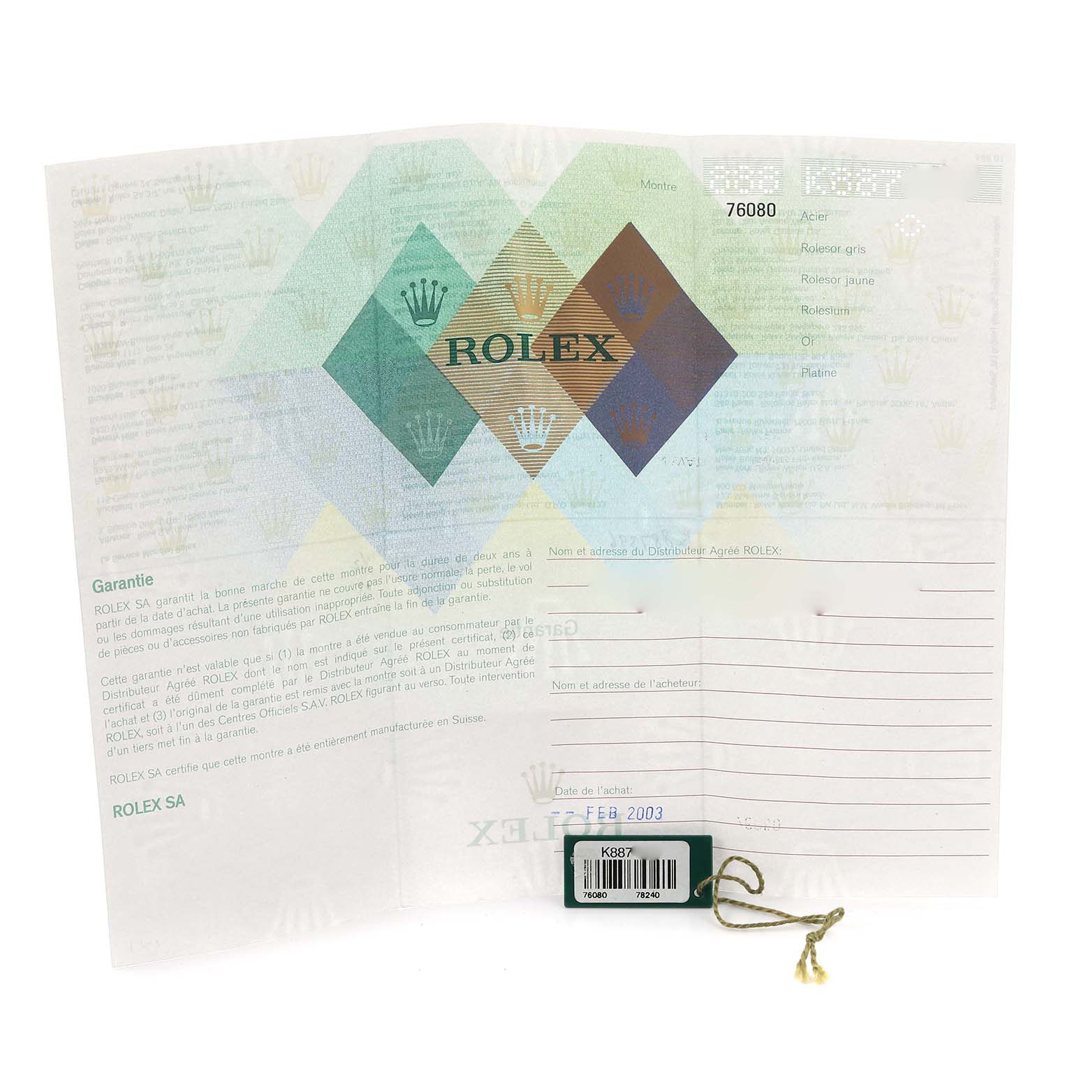 The image shows a guarantee certificate and tag for a Rolex Oyster Perpetual 76080 Women's Stainless Steel Black Dial 76080 Women's Stainless Steel Black Dial watch.