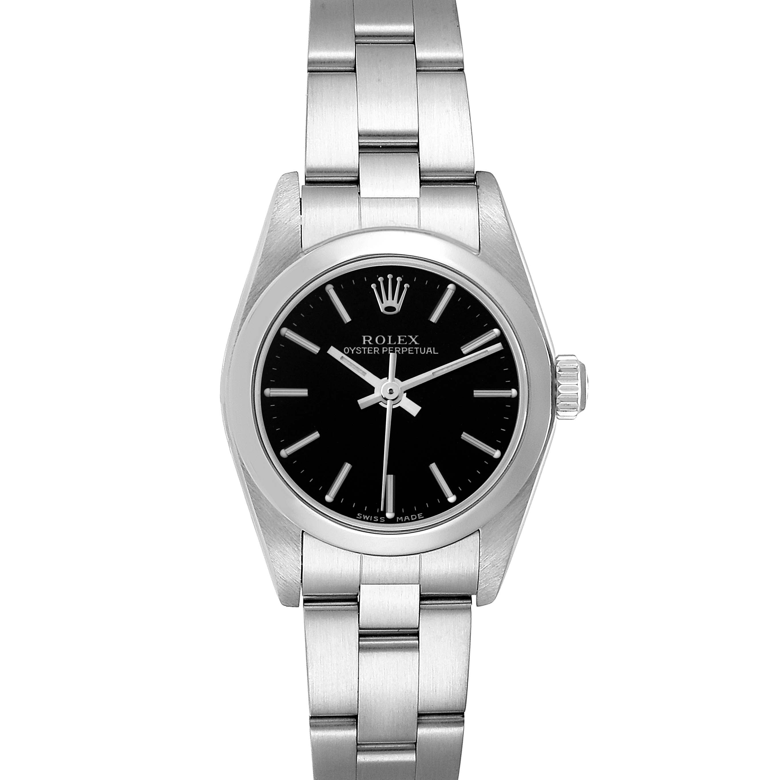 The Rolex Oyster Perpetual 76080 Women's Stainless Steel Black Dial 76080 Women's Stainless Steel Black Dial watch is shown from a front angle, displaying the face, bezel, crown, and bracelet.