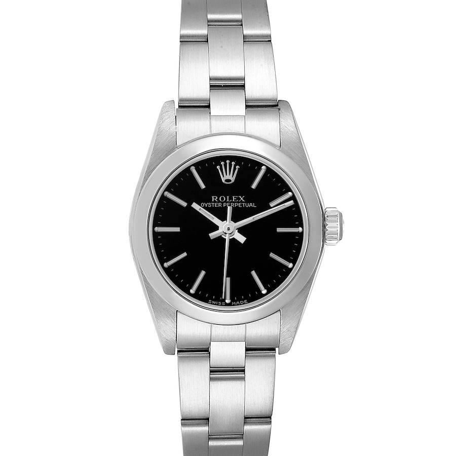 The Rolex Oyster Perpetual watch is shown from a front angle, displaying the face, bezel, crown, and bracelet.