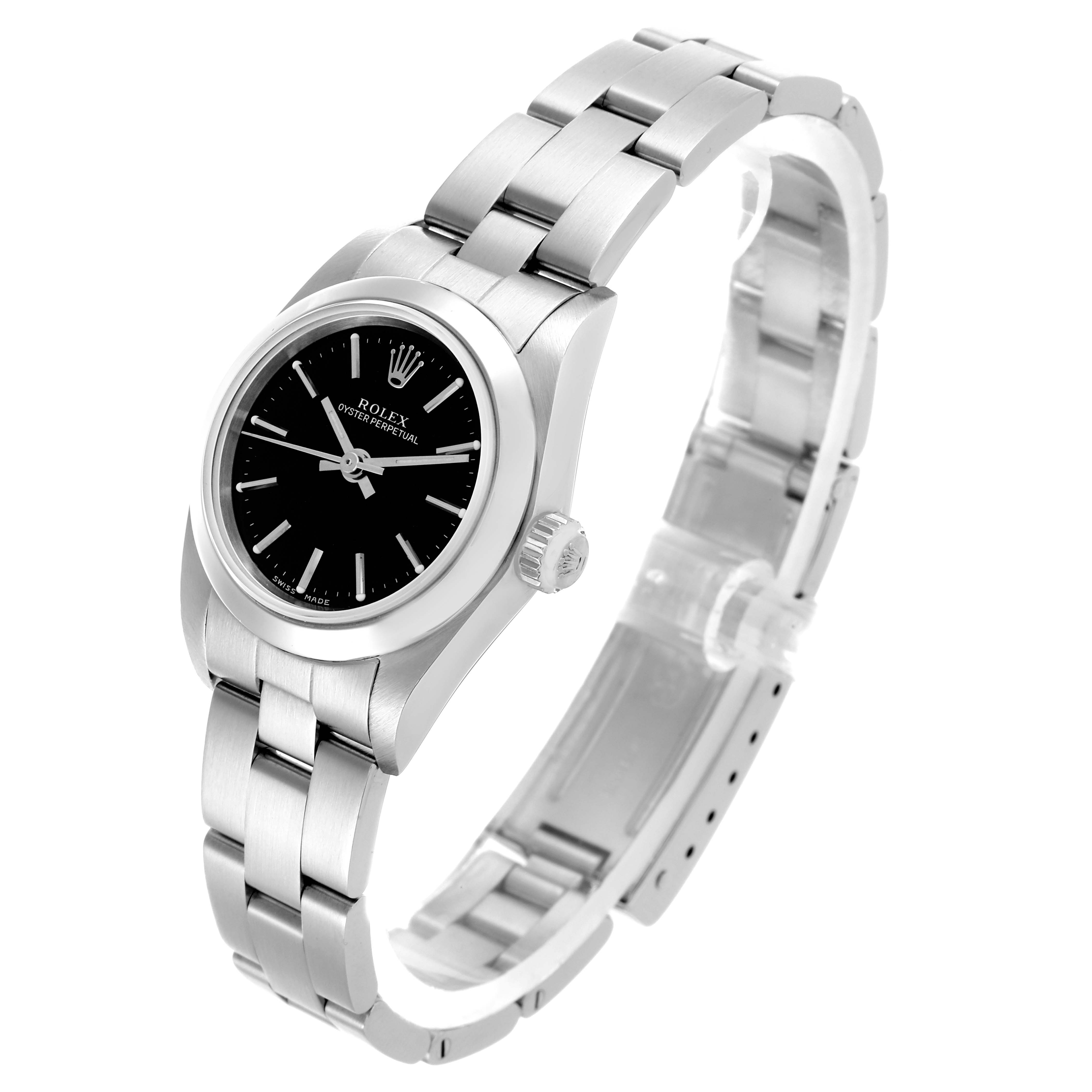 The Rolex Oyster Perpetual 76080 Women's Stainless Steel Black Dial 76080 Women's Stainless Steel Black Dial watch is shown at a side angle, displaying the bracelet, case, crown, and black dial.