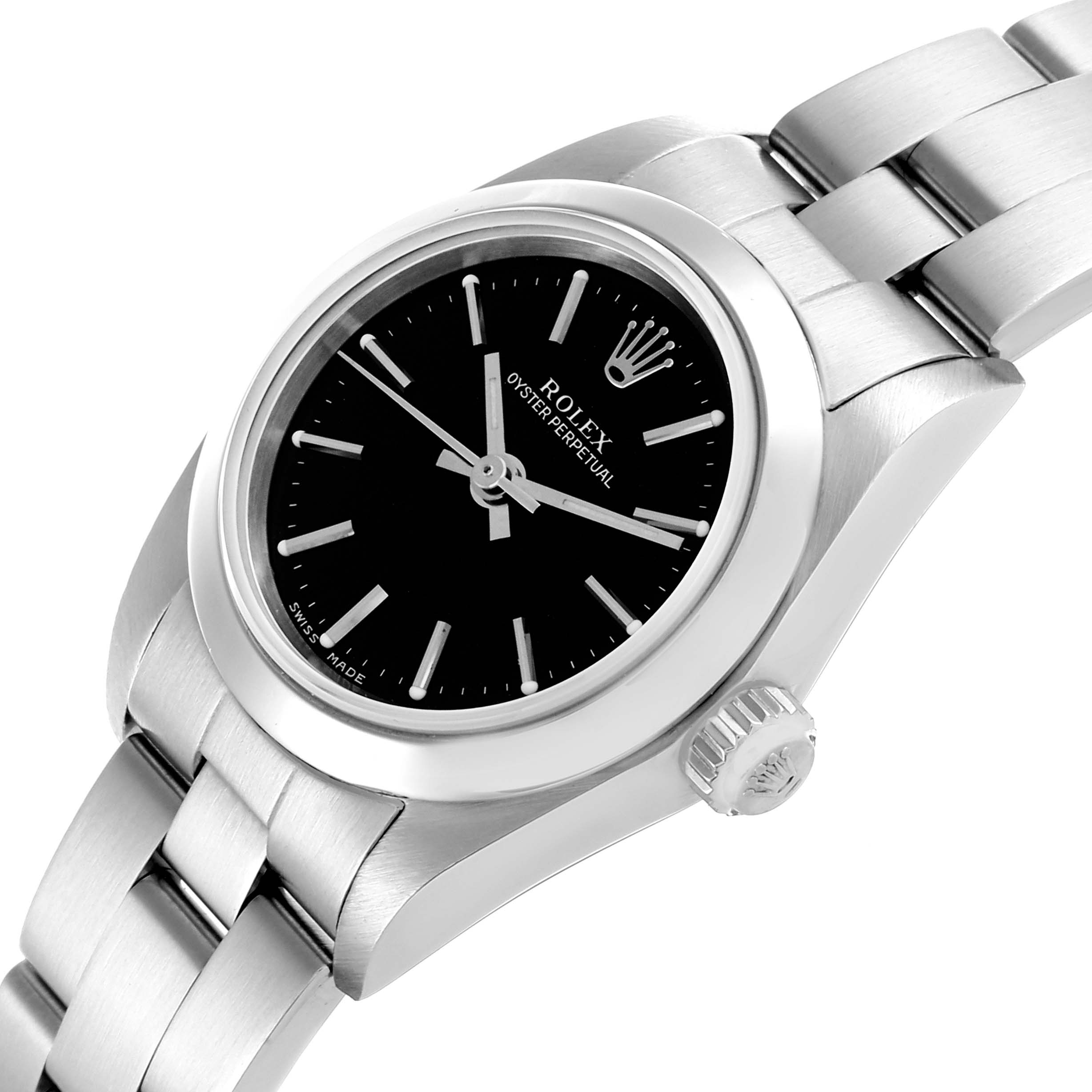 The Rolex Oyster Perpetual 76080 Women's Stainless Steel Black Dial 76080 Women's Stainless Steel Black Dial watch is shown in a side-angle view, displaying the black dial, crown, and part of the bracelet.