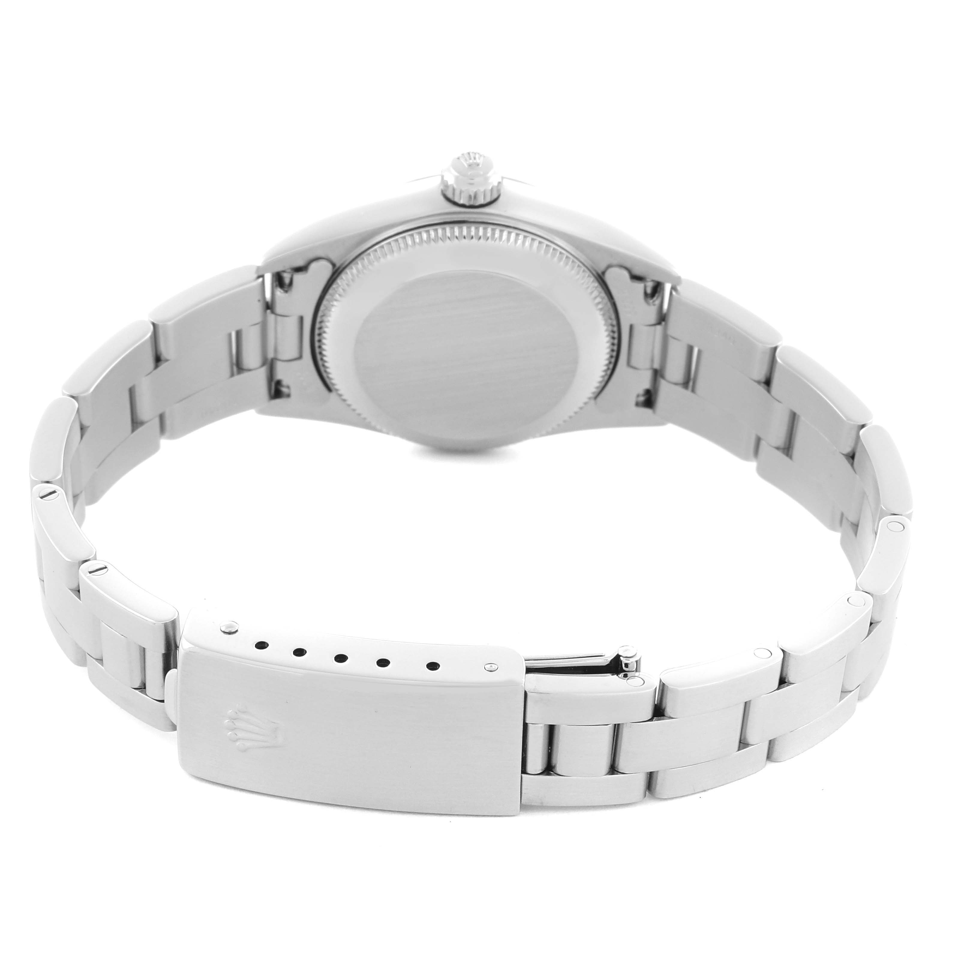 The image shows the back view of a Rolex Oyster Perpetual 76080 Women's Stainless Steel Black Dial 76080 Women's Stainless Steel Black Dial watch, highlighting its clasp and bracelet.