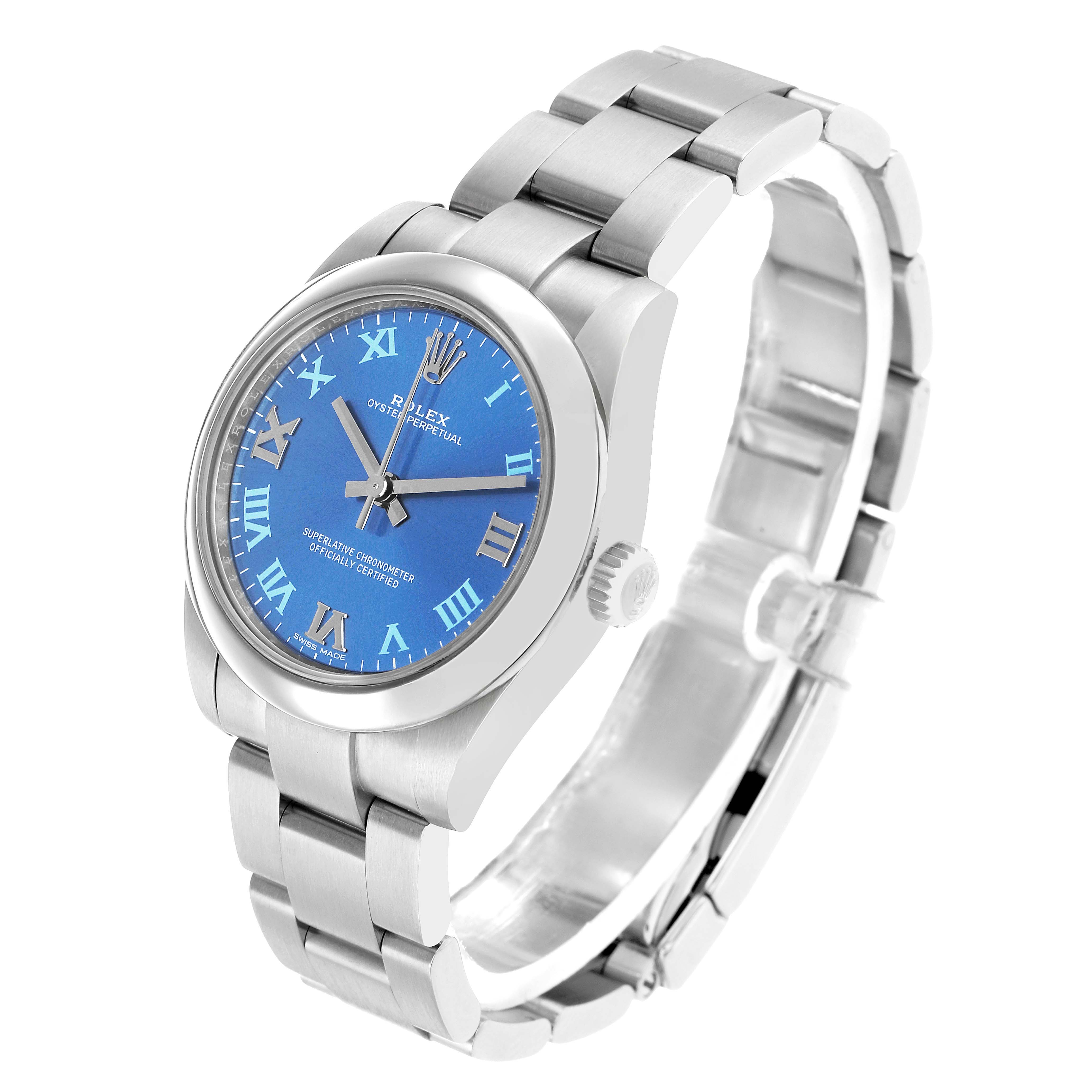 The Rolex Mid-Size 177200 Women's Stainless Steel Blue Dial watch is shown at a three-quarter angle, highlighting the blue dial, case, and bracelet.