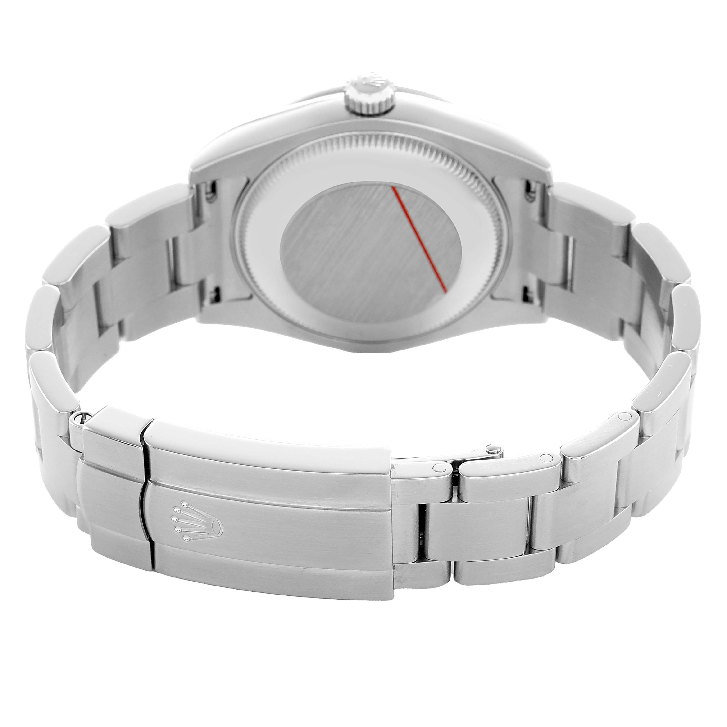 The image shows the back and clasp of a Rolex Mid-Size 177200 Women's Stainless Steel Blue Dial model at an angled view, highlighting the bracelet and case back.