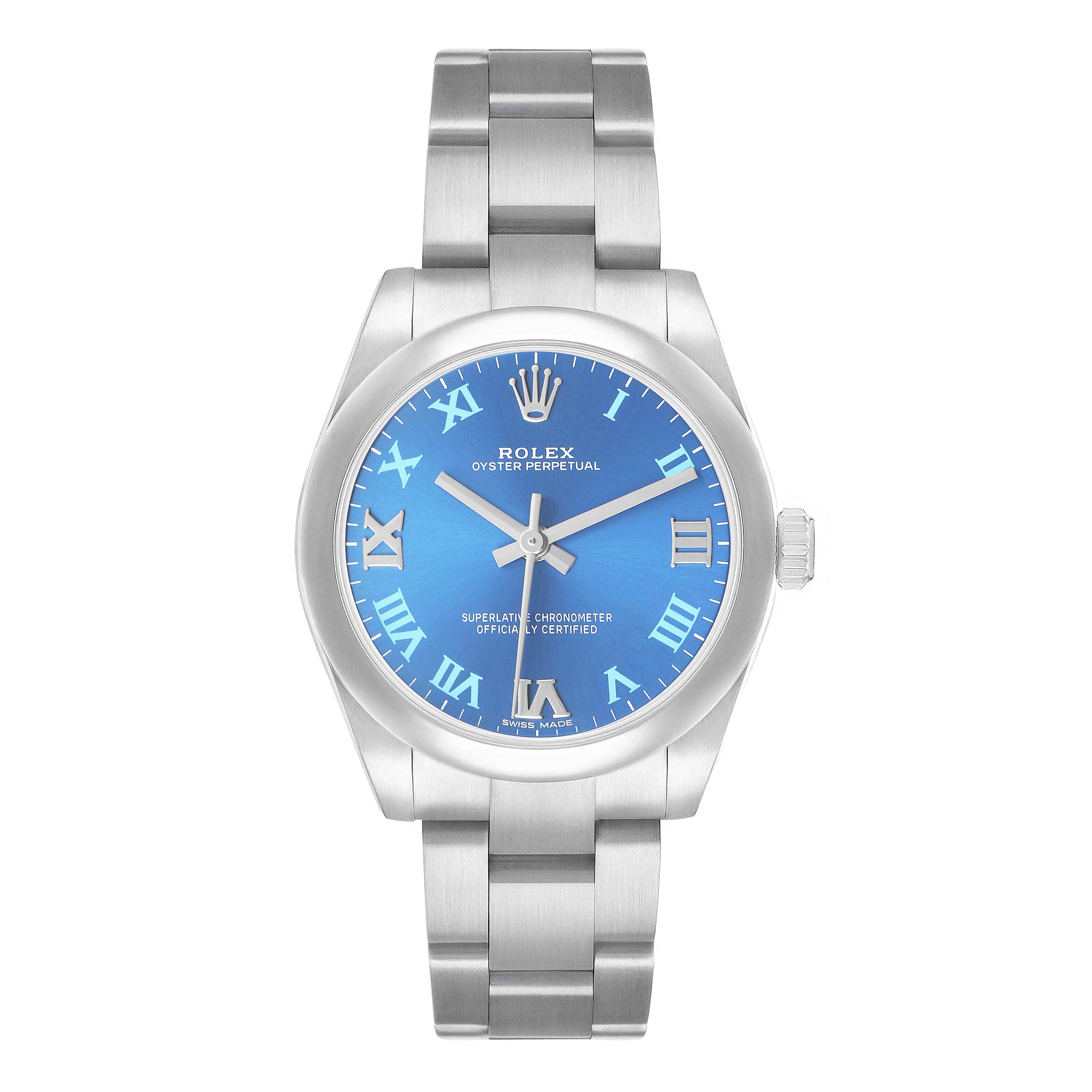 The Rolex Mid-Size 177200 Women's Stainless Steel Blue Dial watch is shown from a front view, detailing the blue dial, Roman numerals, and stainless steel bracelet.
