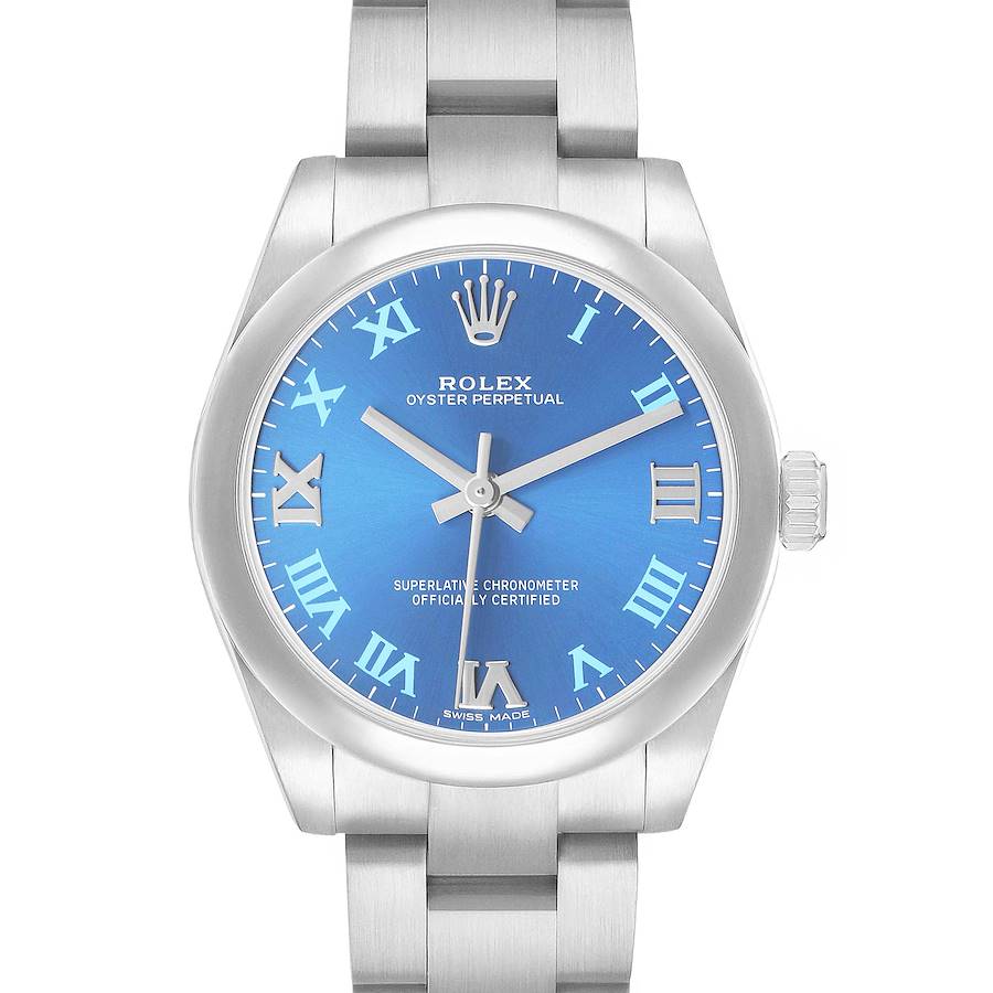 The Rolex Oyster Perpetual Mid-Size watch is shown from the front, displaying its blue dial, Roman numerals, and the bracelet.