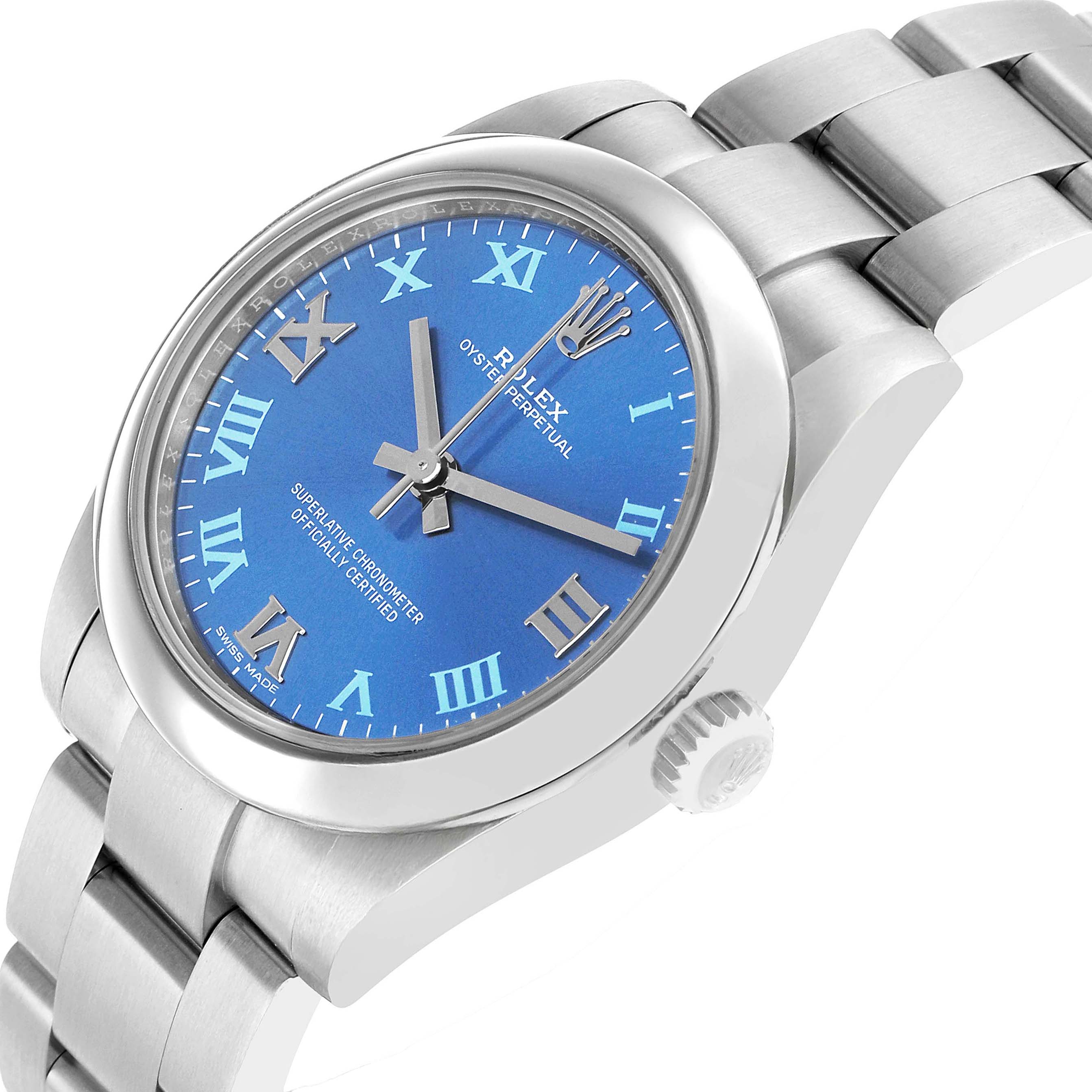The Rolex Oyster Perpetual is shown at a side angle, highlighting its blue dial, bezel, crown, and part of the bracelet.