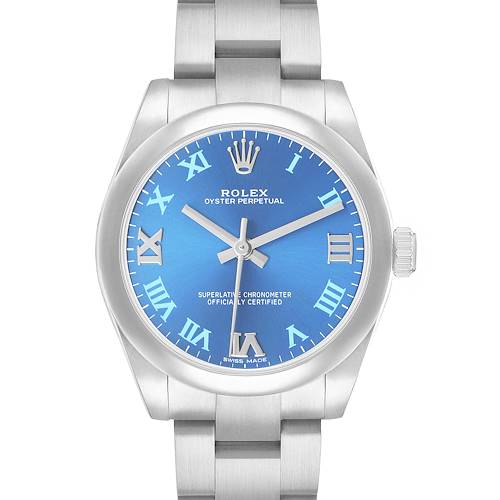 The Rolex Mid-Size 177200 Women's Stainless Steel Blue Dial watch is shown from a front view, displaying the blue dial and entire bracelet.