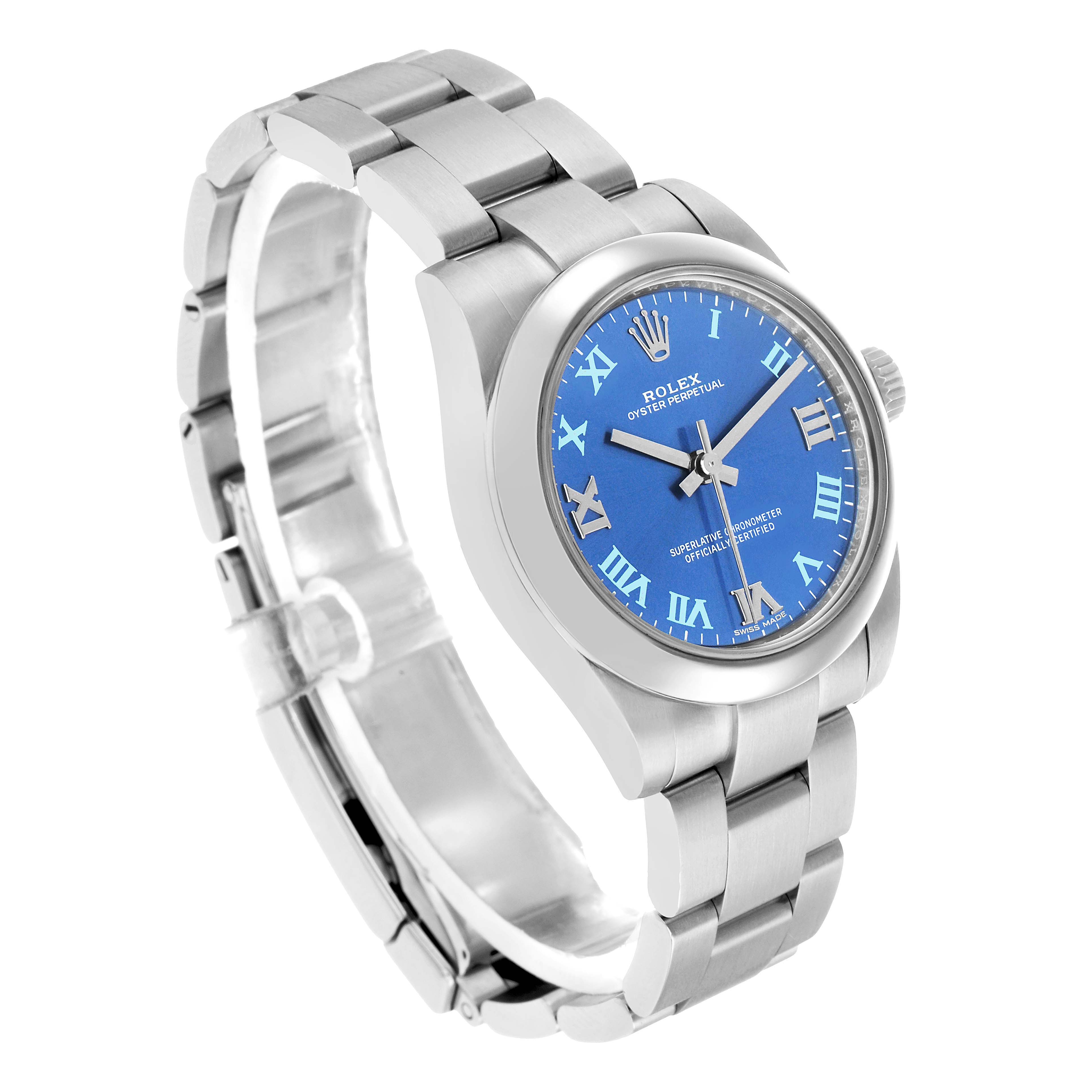 The Rolex Mid-Size 177200 Women's Stainless Steel Blue Dial watch is shown at a three-quarter angle, displaying its blue dial, Roman numeral markings, and stainless steel bracelet.