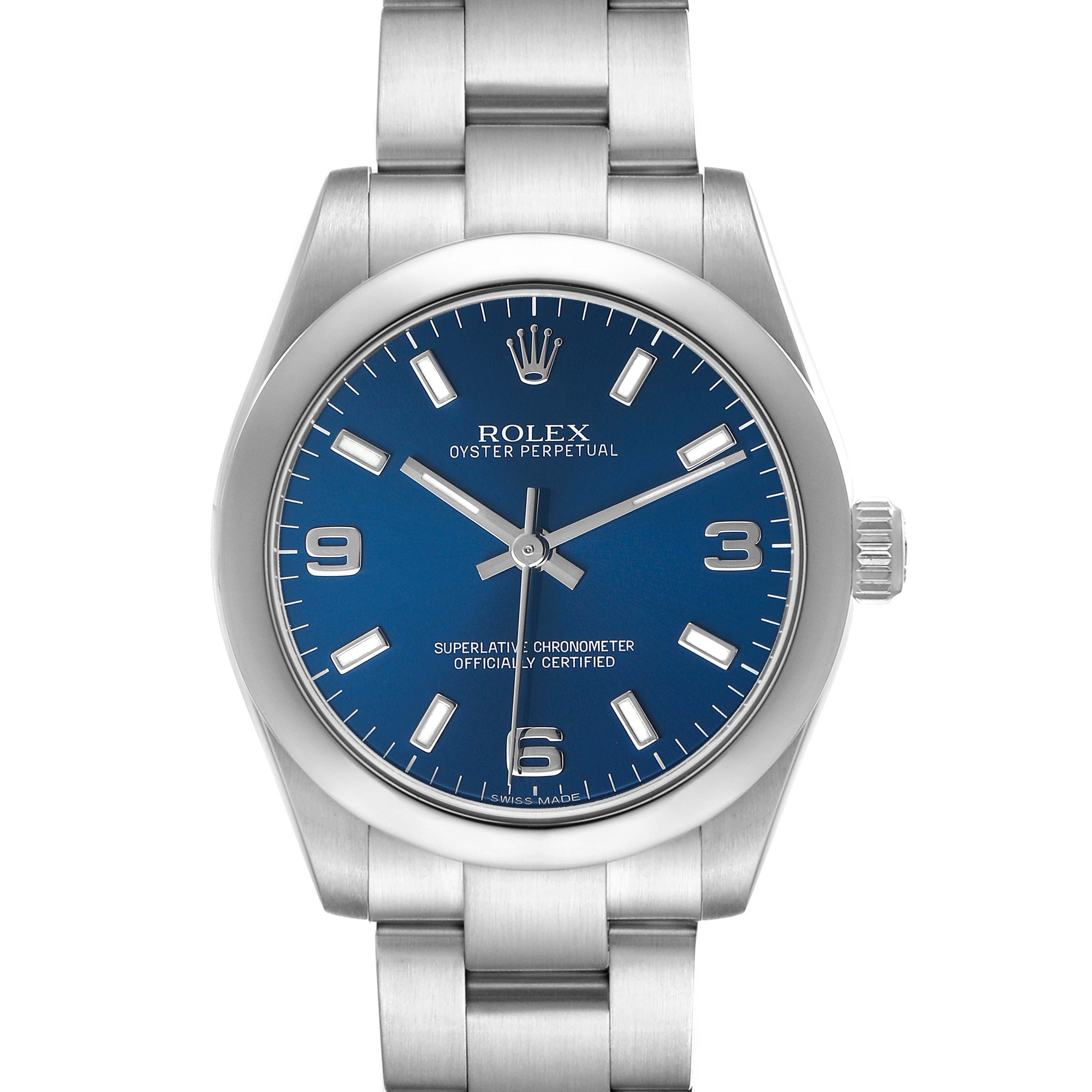 The Rolex Oyster Perpetual 177200 Women's Stainless Steel Blue Dial watch is shown from the front, highlighting its blue dial, hour markers, and stainless steel bracelet.