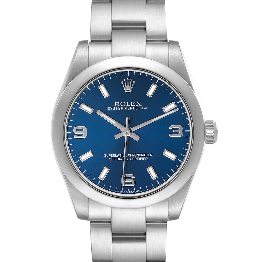 The Rolex Oyster Perpetual 177200 Women's Stainless Steel Blue Dial watch is shown from the front, highlighting its blue dial, hour markers, and stainless steel bracelet.