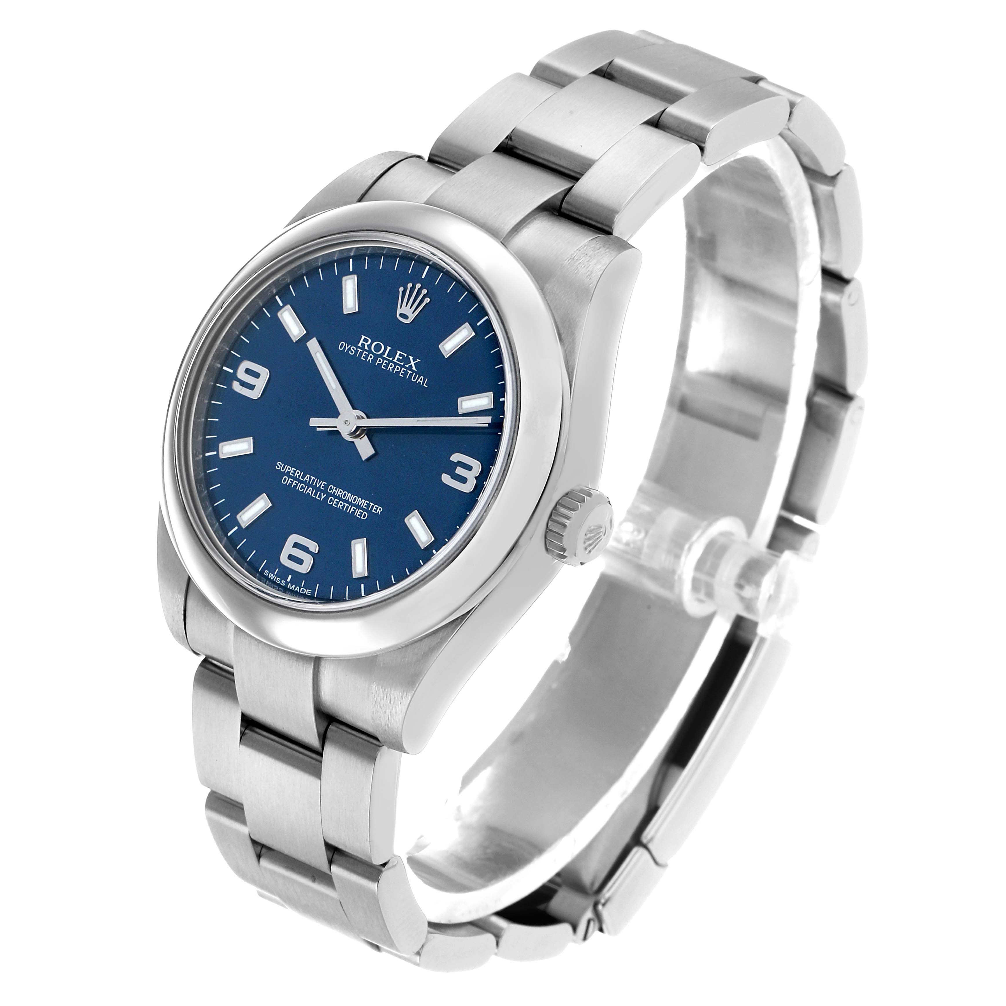 The Rolex Oyster Perpetual 177200 Women's Stainless Steel Blue Dial watch is shown at a three-quarter angle, highlighting the blue dial, case, bracelet, and crown.