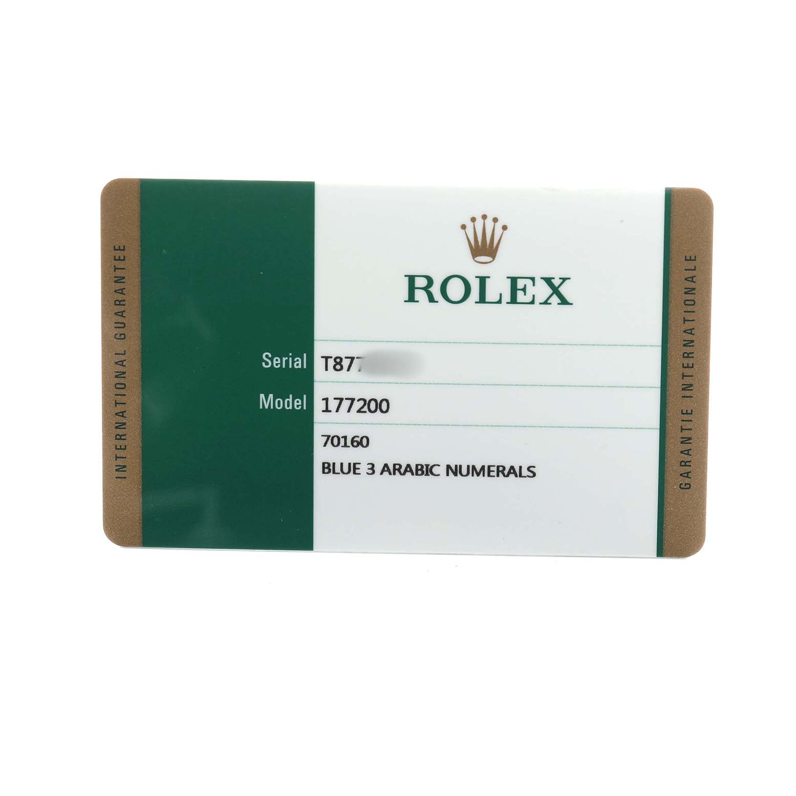 This image shows a Rolex Oyster Perpetual 177200 Women's Stainless Steel Blue Dial warranty card with model number 177200 details.