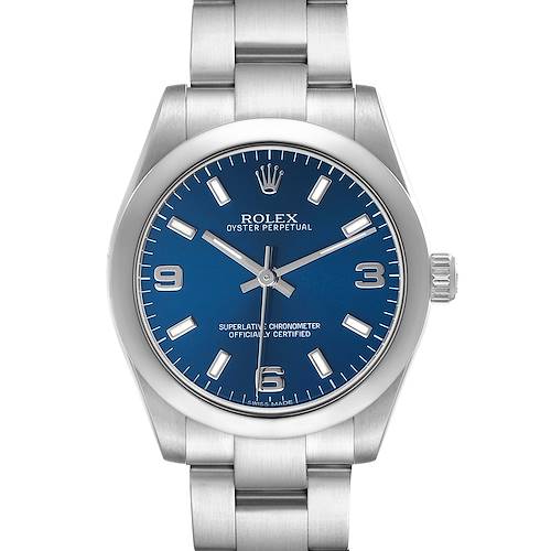 The Rolex Oyster Perpetual 177200 Women's Stainless Steel Blue Dial watch is shown from the front, displaying the face, bezel, and part of the bracelet.