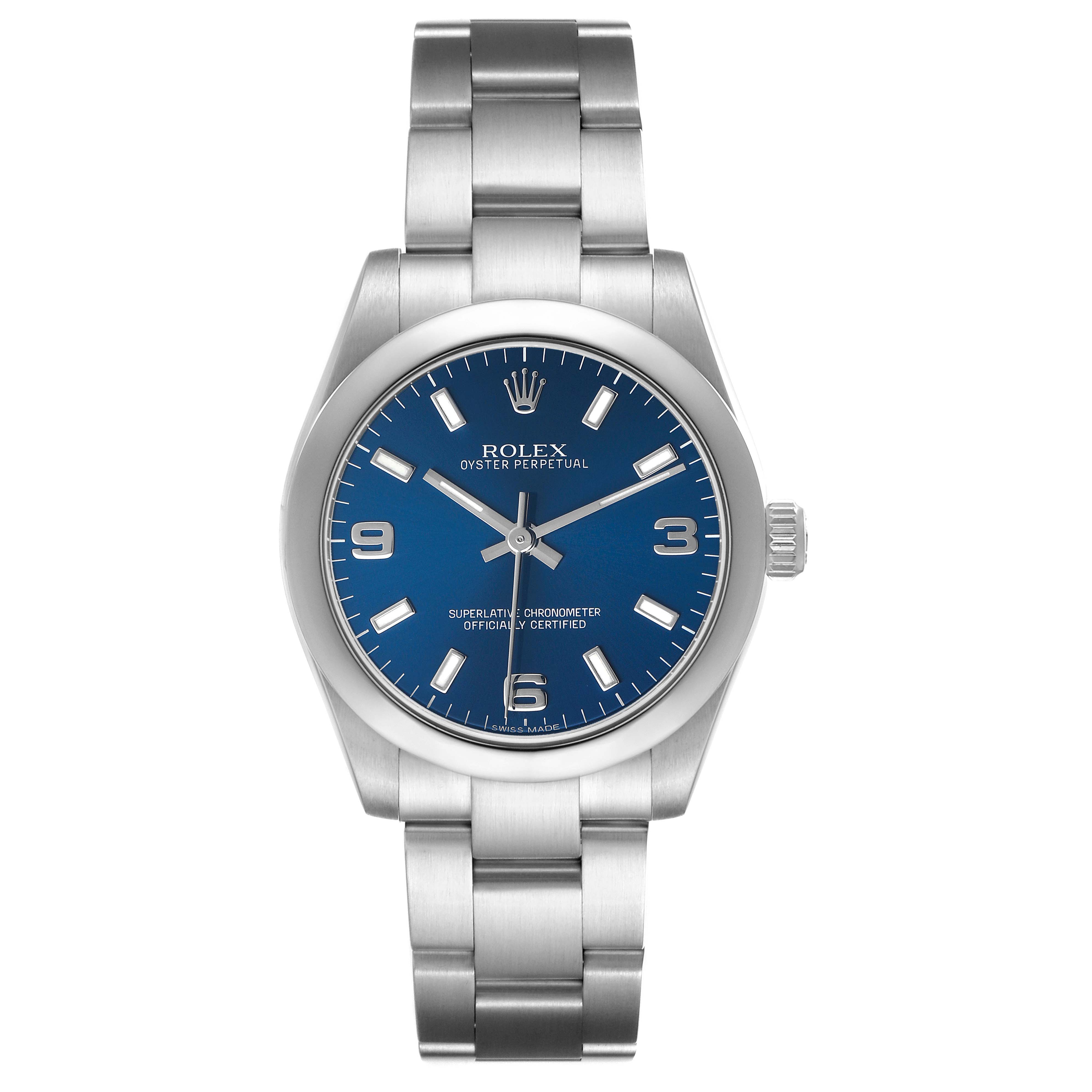 The Rolex Oyster Perpetual 177200 Women's Stainless Steel Blue Dial model is shown front-facing, displaying the dial, case, and bracelet.