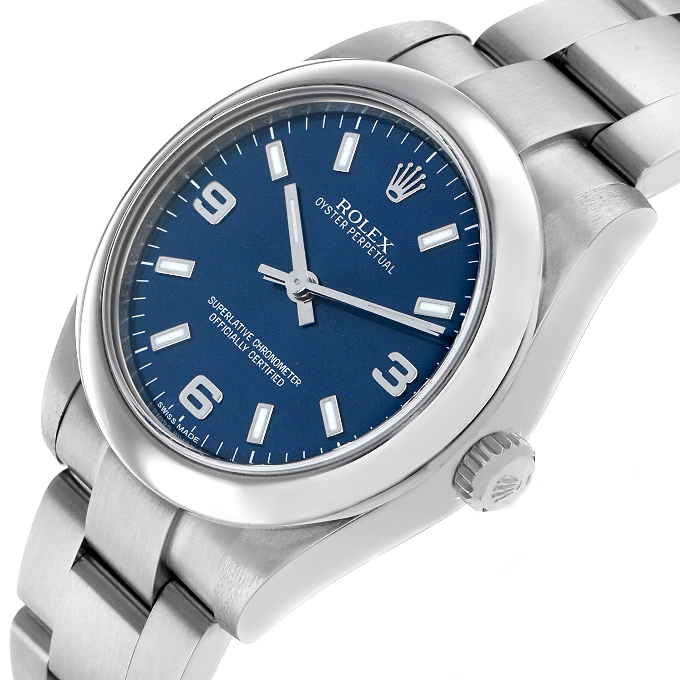 The Rolex Oyster Perpetual 177200 Women's Stainless Steel Blue Dial watch is shown at an angled view, highlighting the dial, bezel, crown, and part of the bracelet.