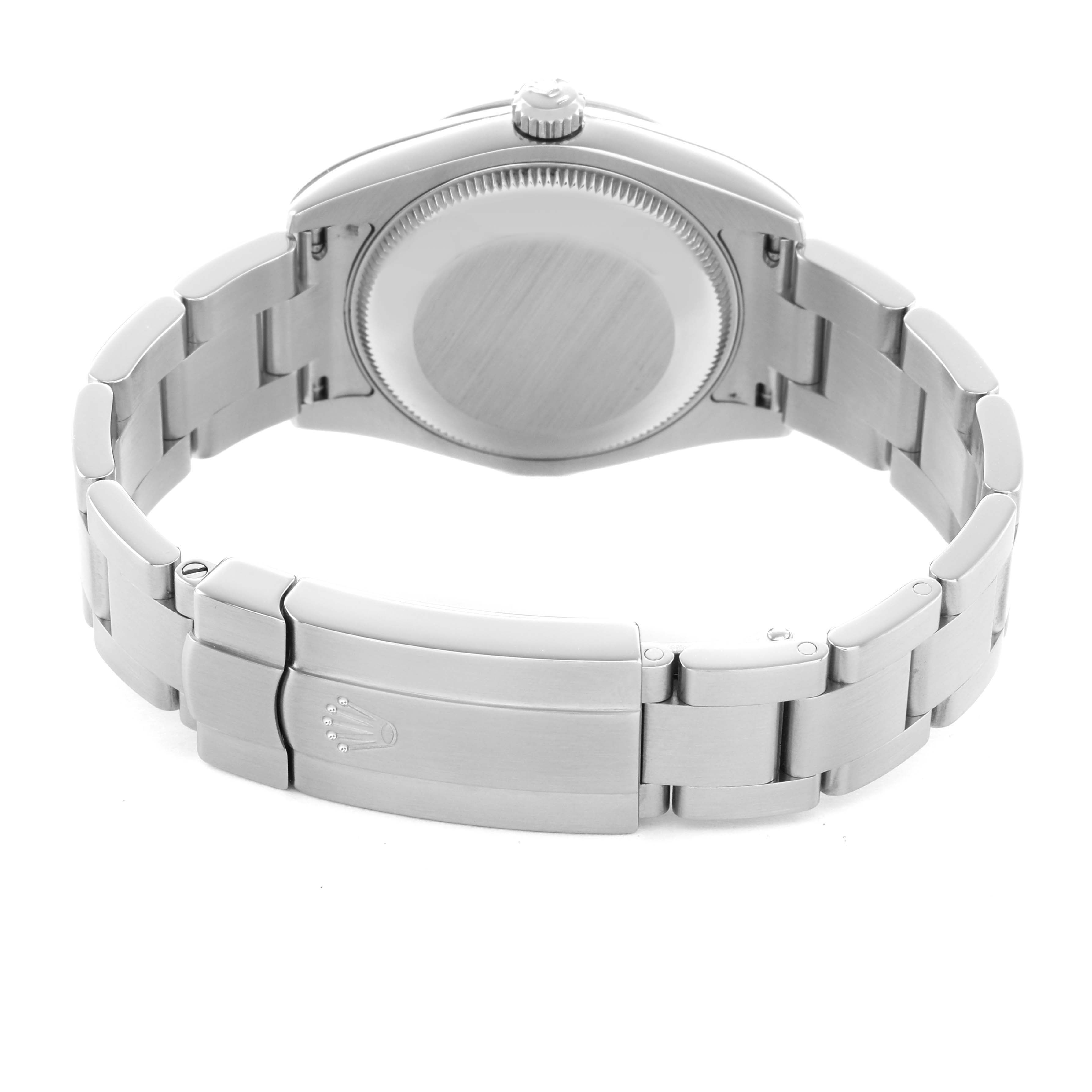 The image shows the back of the Rolex Oyster Perpetual 177200 Women's Stainless Steel Blue Dial, highlighting the bracelet and clasp.