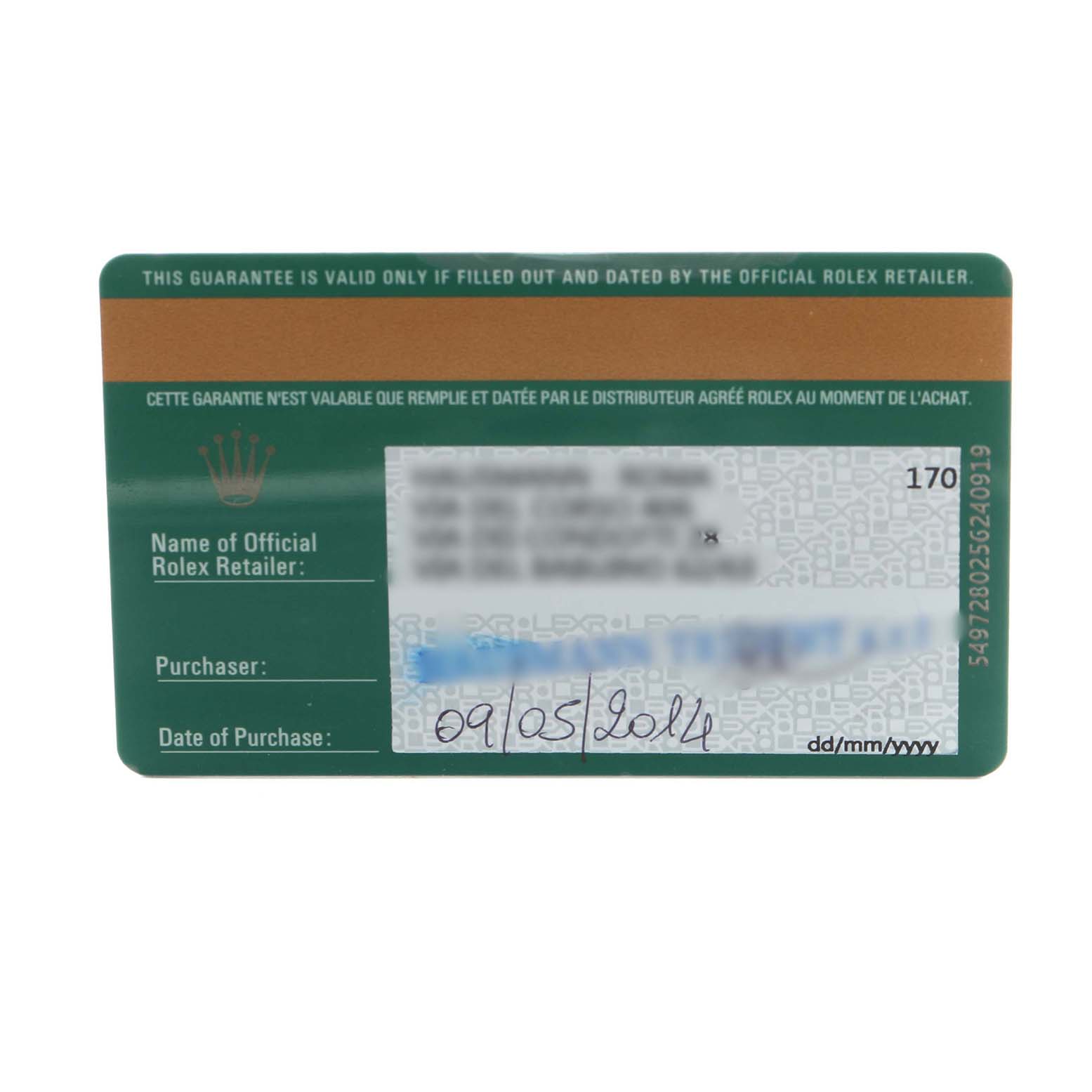 The image shows a guarantee card for a Rolex Oyster Perpetual 177200 Women's Stainless Steel Blue Dial watch, displaying details like purchase date.