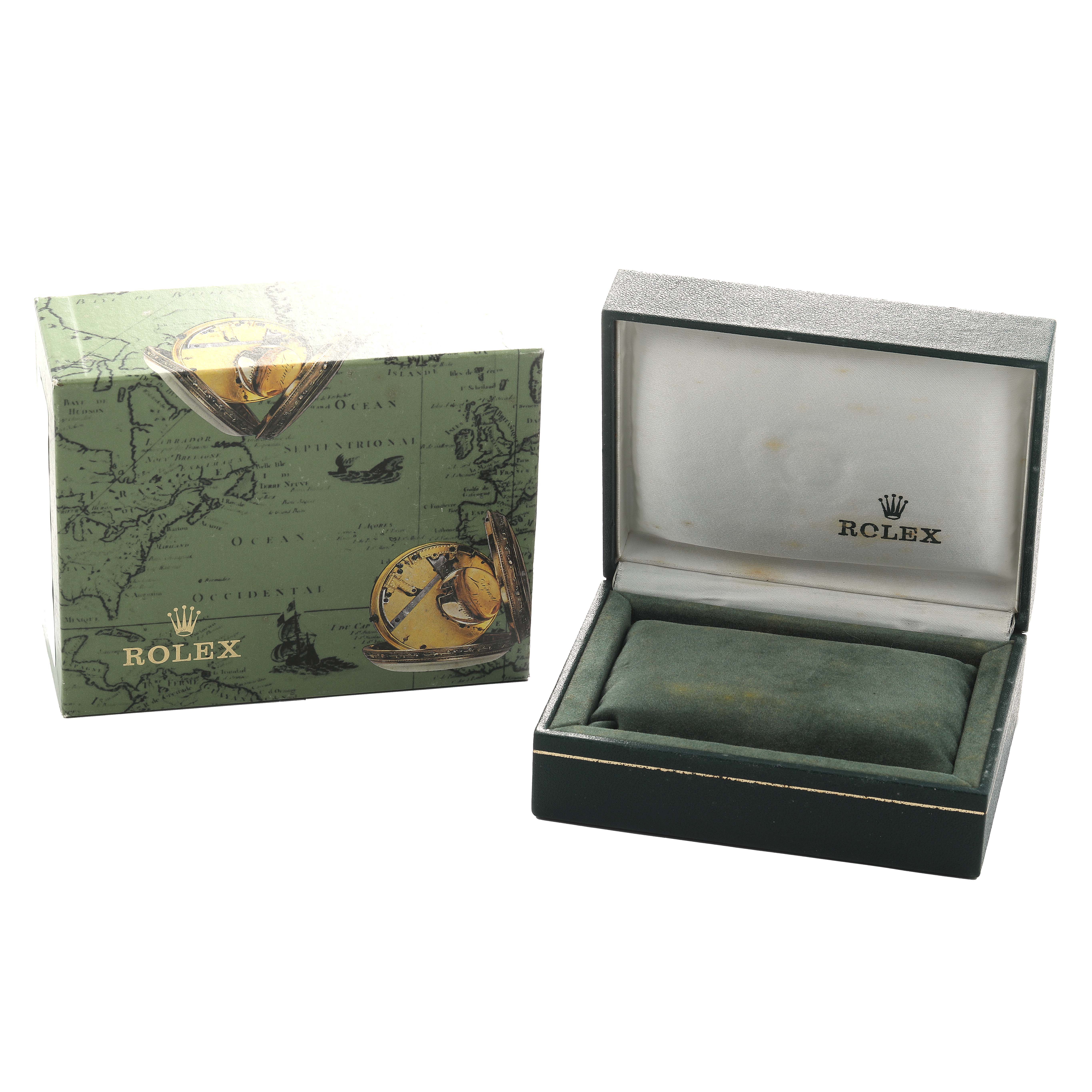 The image shows the packaging and open box for a Rolex Oyster Perpetual 67180 Women's Stainless Steel Blue Dial watch, viewed from the front.