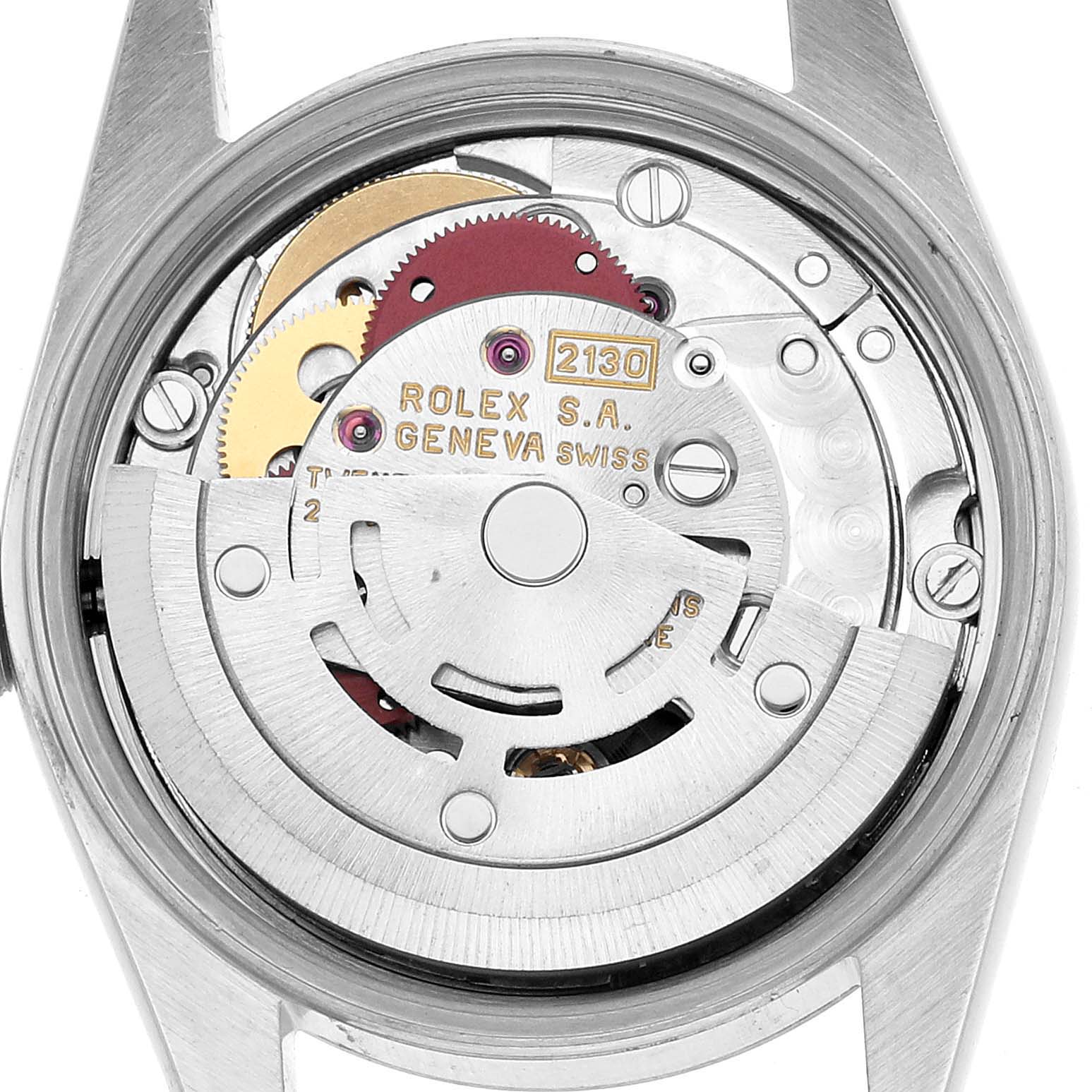 This image shows the movement of a Rolex Oyster Perpetual 67180 Women's Stainless Steel Blue Dial watch from the back, revealing its intricate internal mechanism.